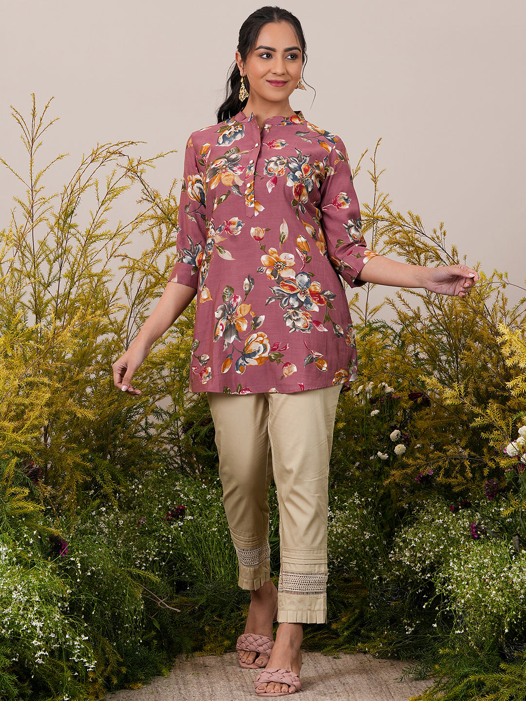 Pink Printed Silk Blend A-Line Kurti