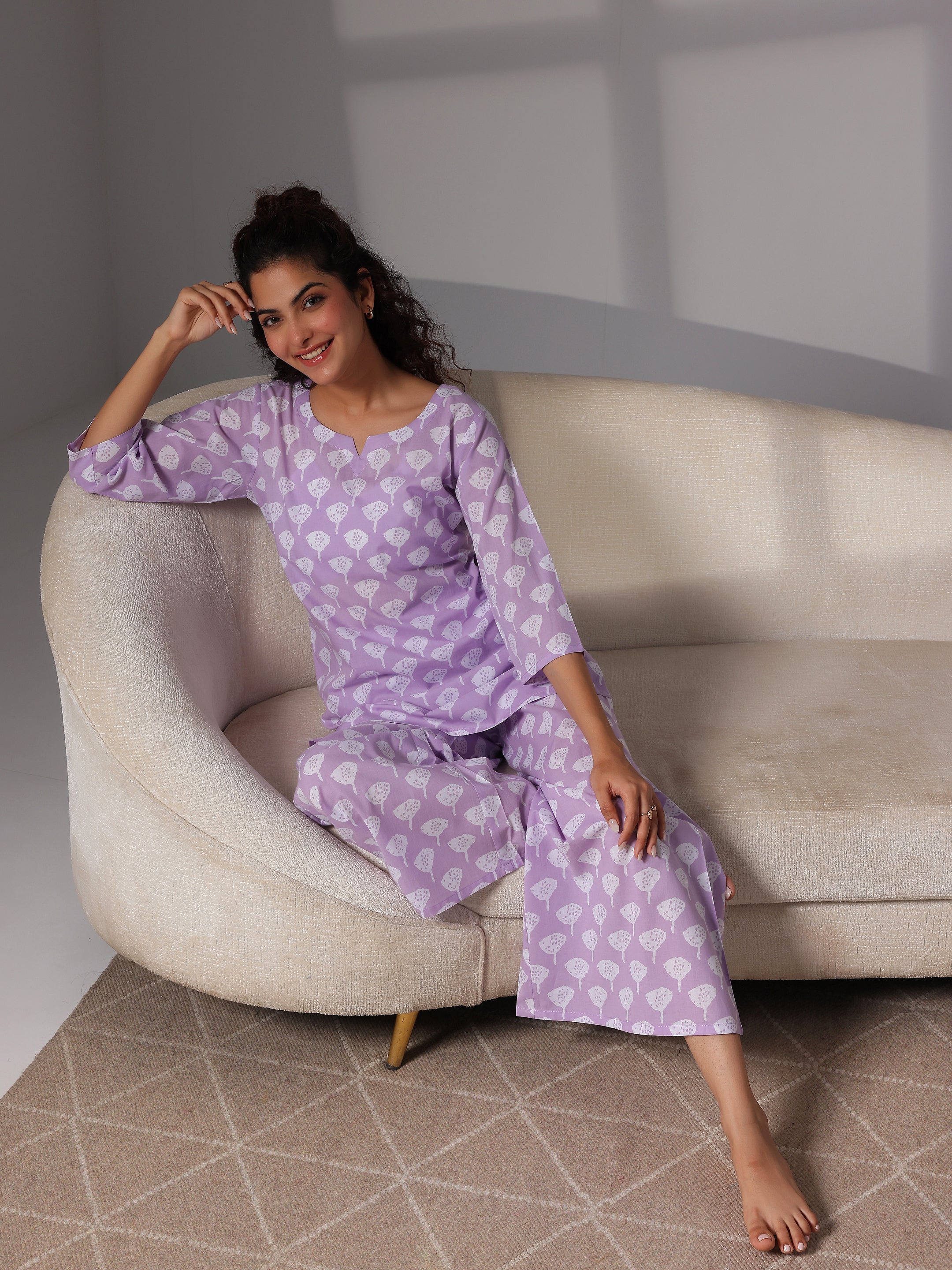 Lavender Printed Cotton Night Suits