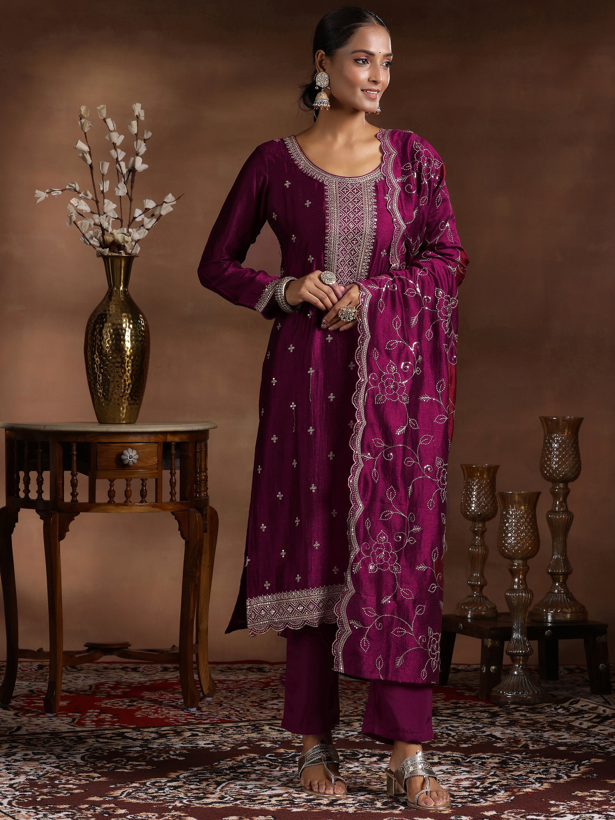 Wine Embroidered Silk Blend Straight Suit With Dupatta