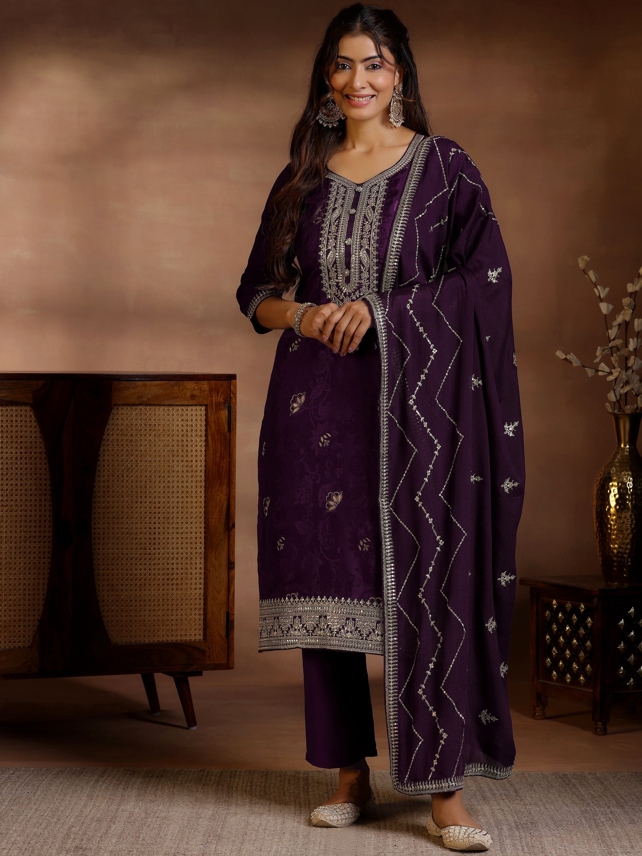 Wine Woven Design Silk Blend Straight Suit With Dupatta