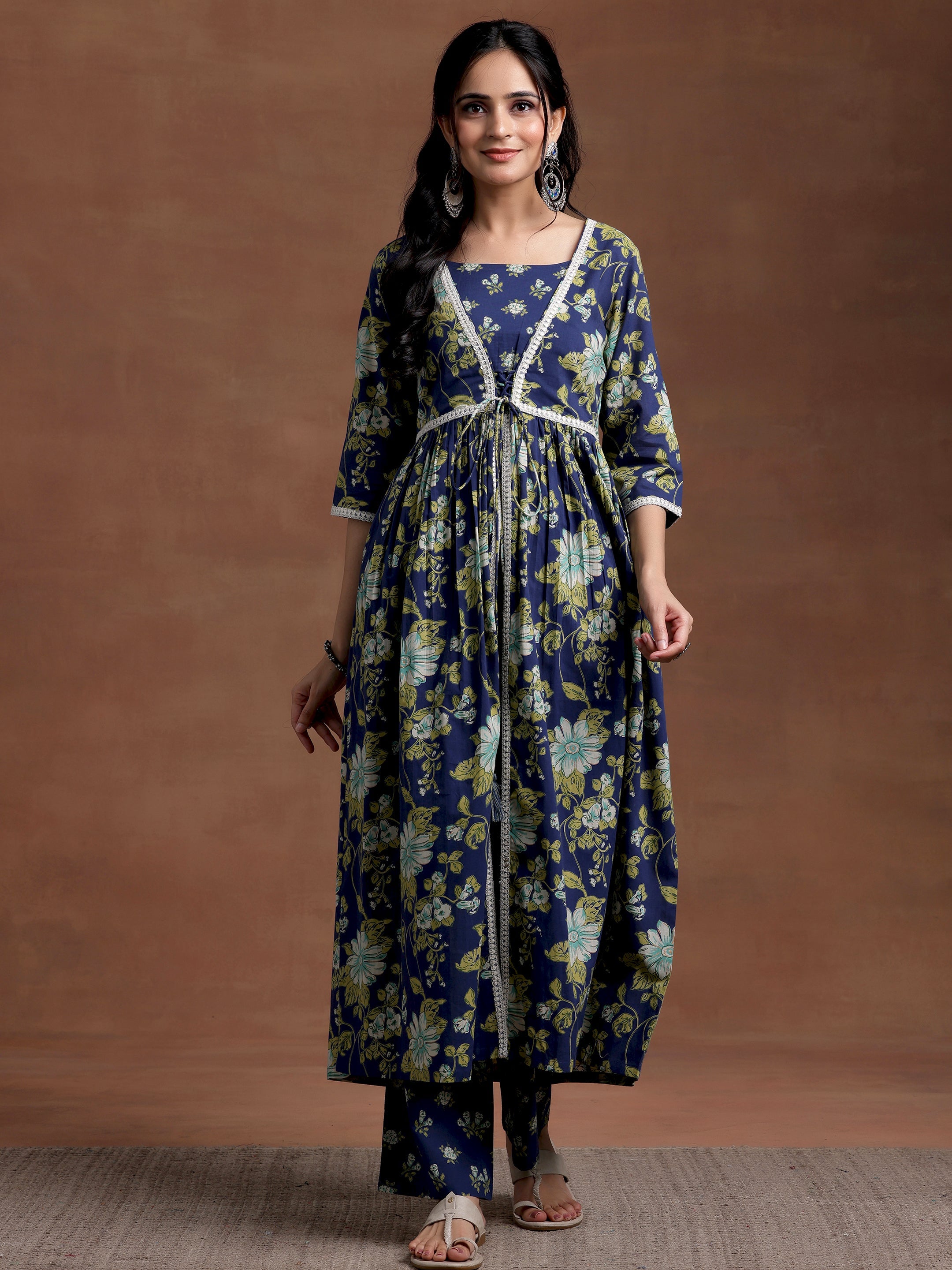 Blue Printed Cotton A-Line Kurta With Trousers