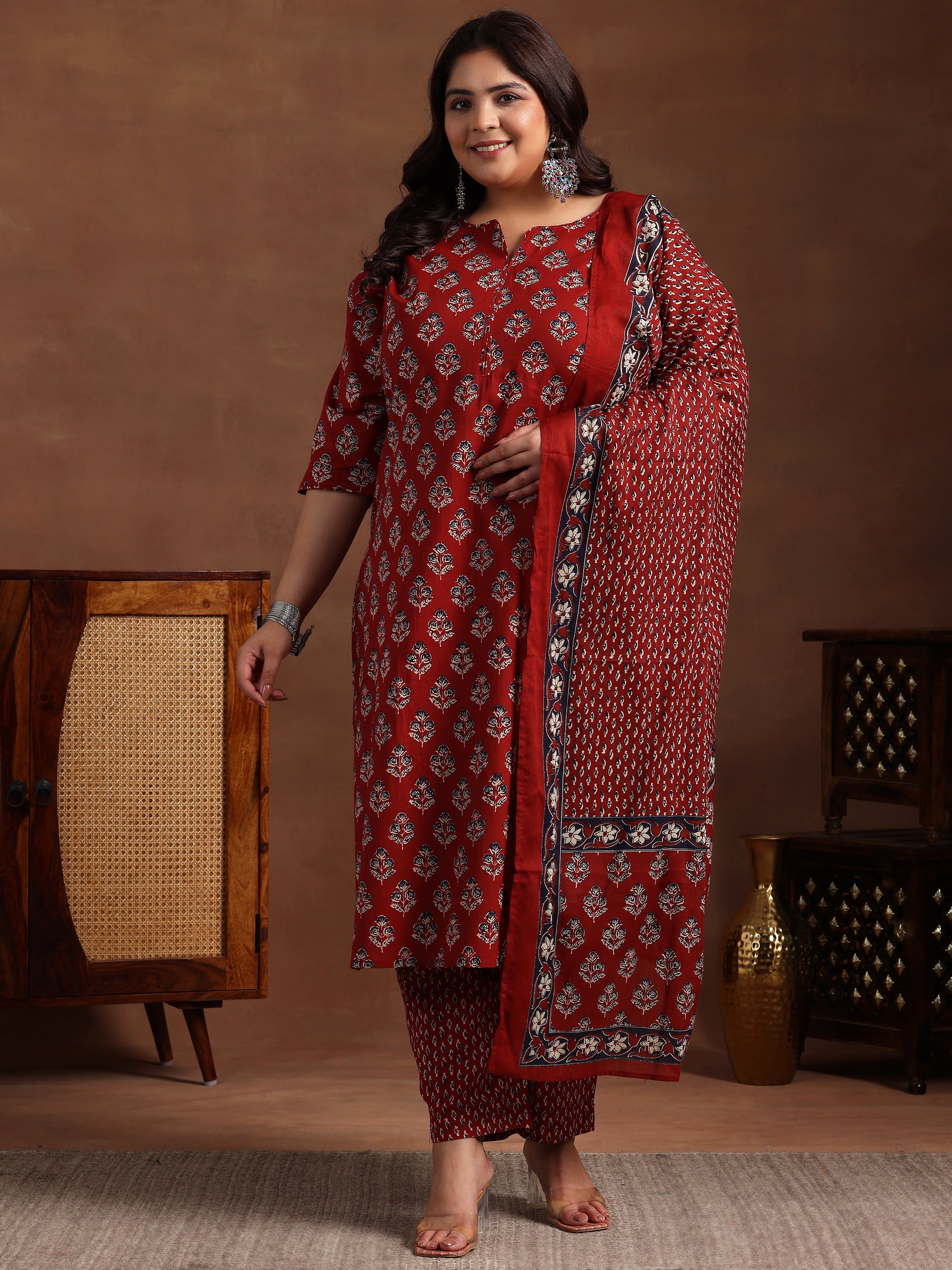 Plus Size Rust Printed Cotton Straight Suit With Dupatta