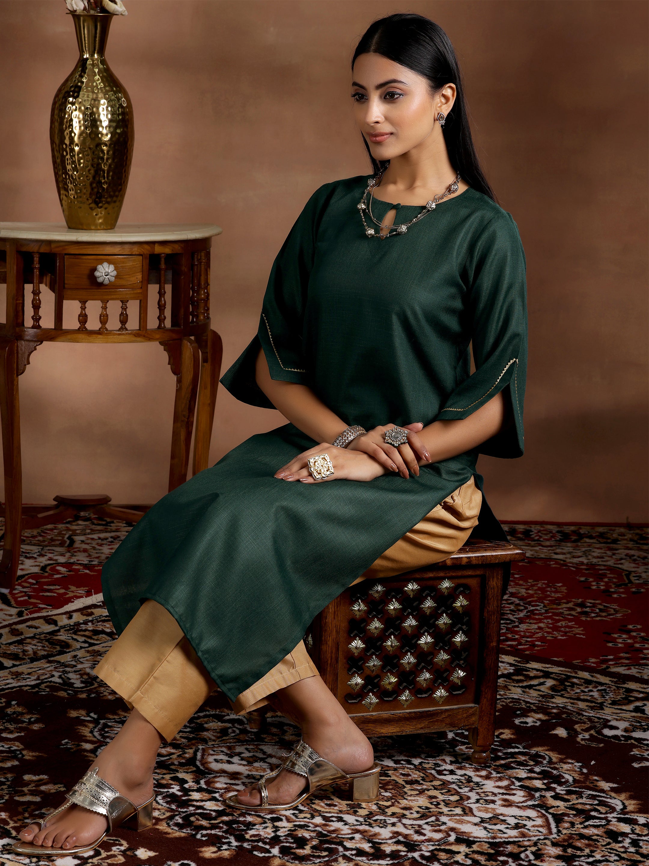 Green Solid Silk Straight Kurta