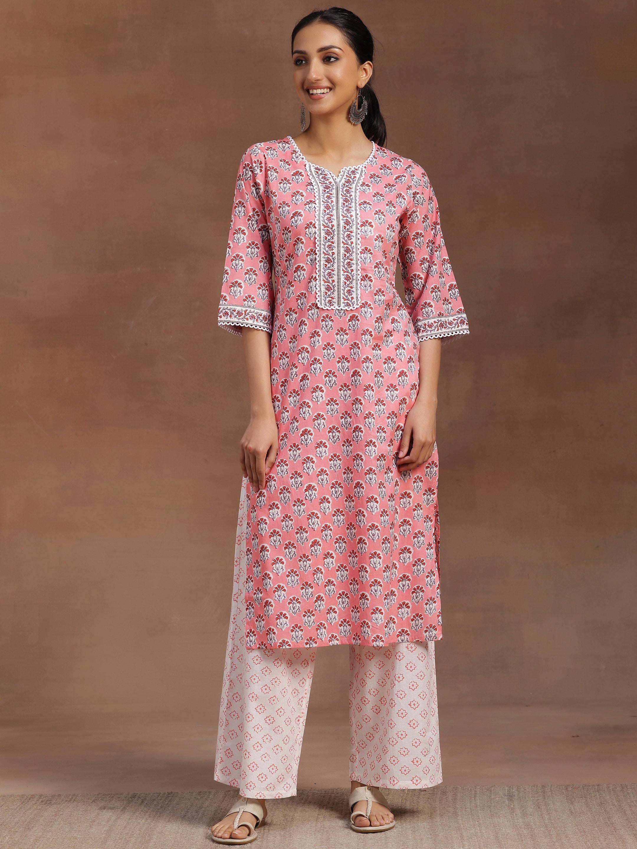 Peach Printed Cotton Straight Kurta With Palazzos