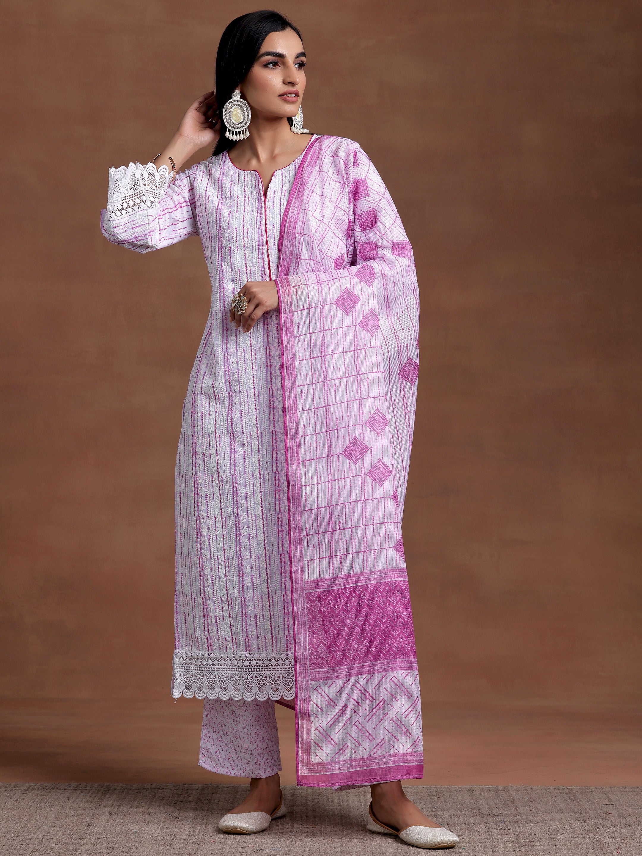 Off White Embroidered Cotton Blend Straight Suit With Dupatta