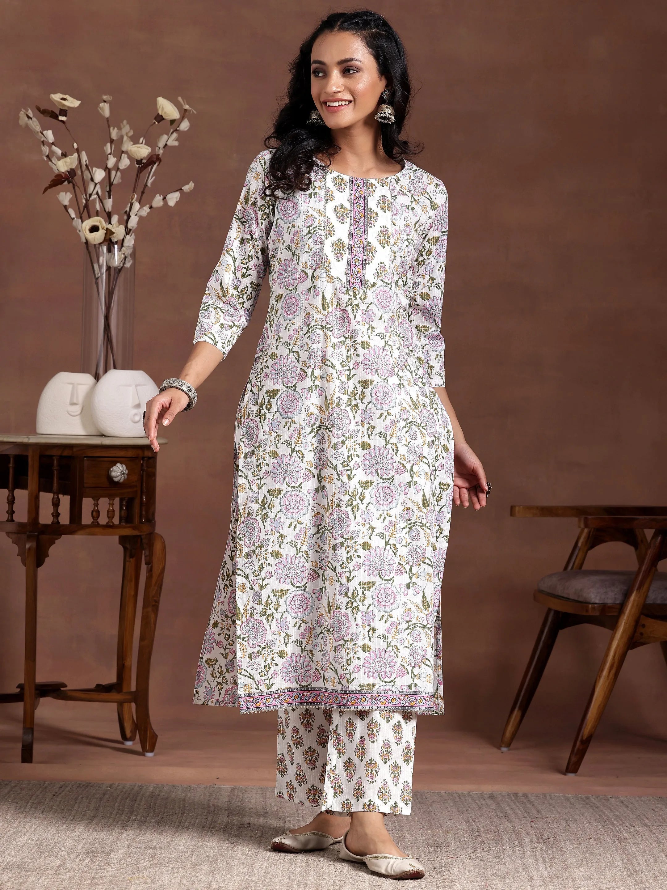 Off White Printed Cotton Straight Kurta Set