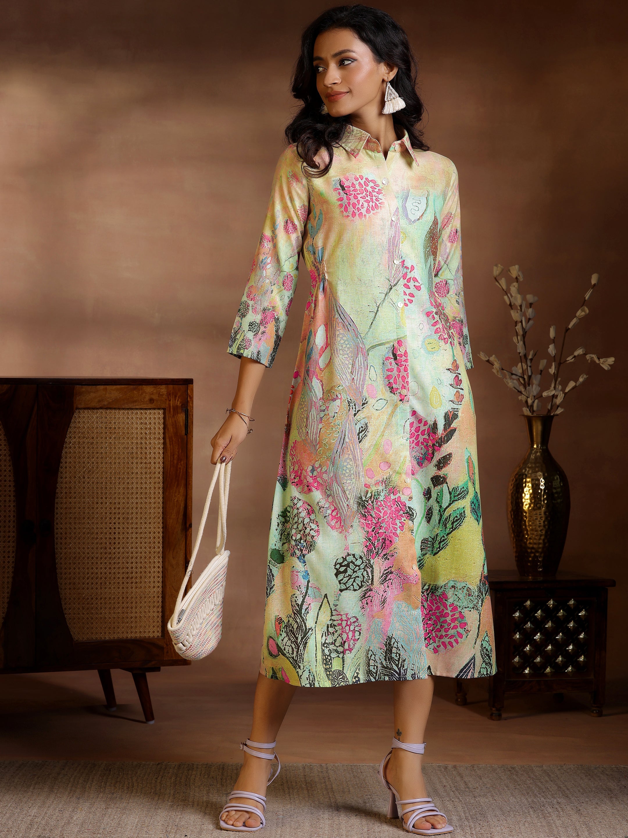 Multi Printed Linen Shirt Dress