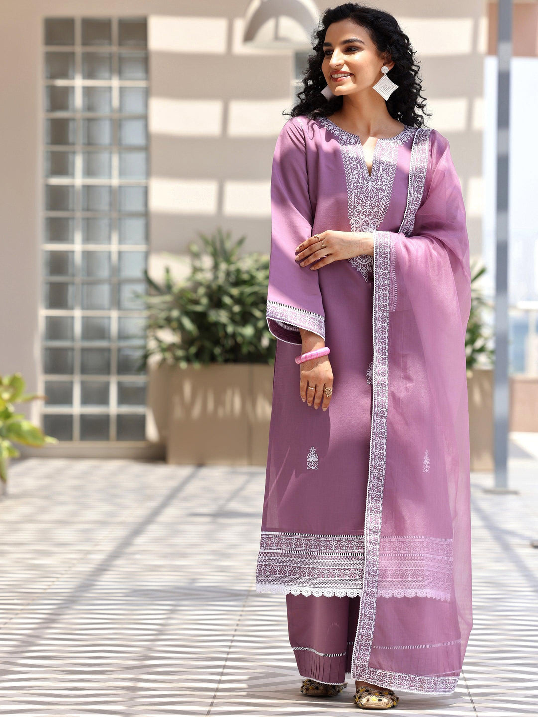 Mauve Embroidered Silk Blend Straight Suit With Dupatta - Libas