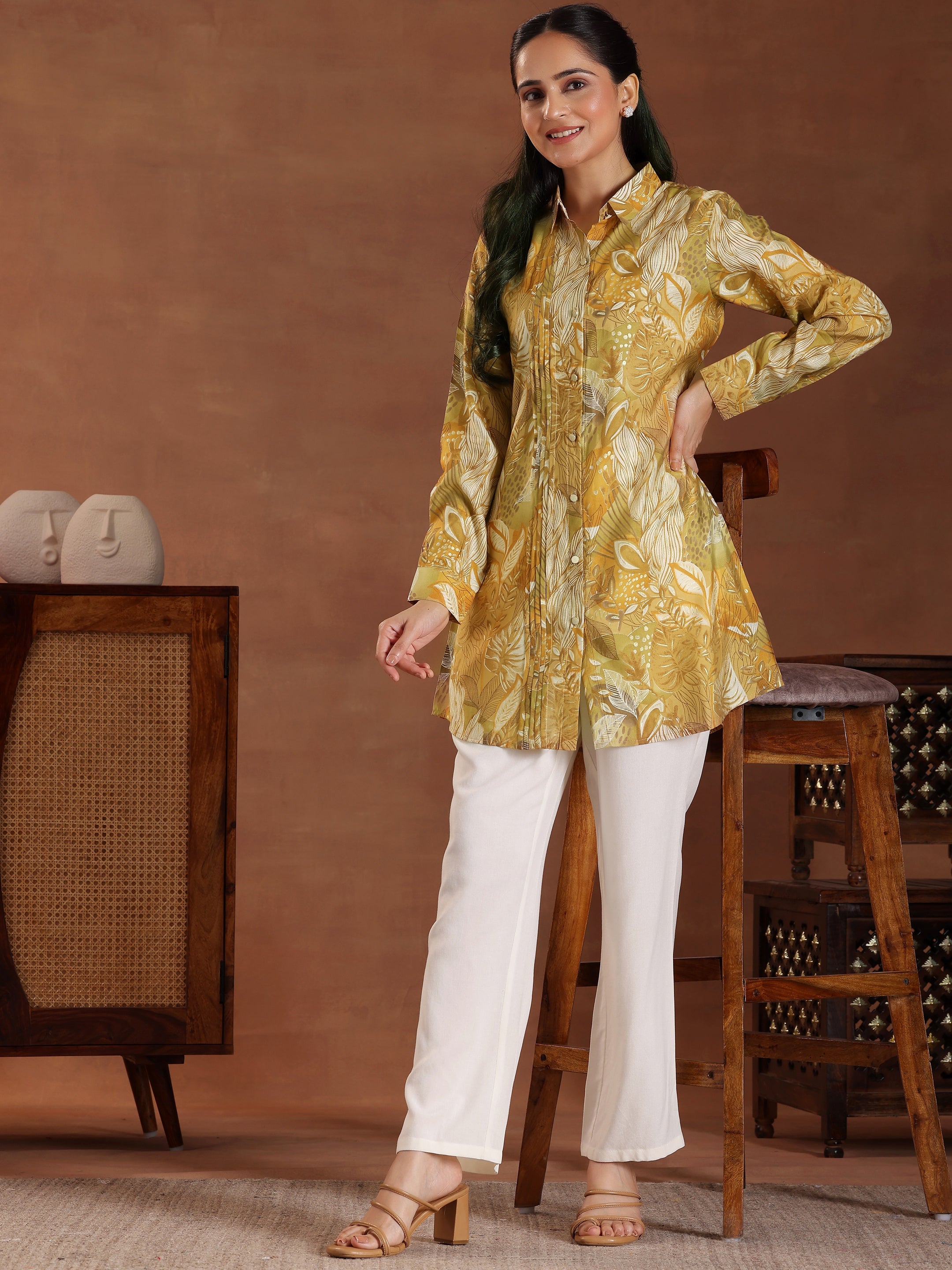 Mustard Printed Silk Blend Straight Kurti