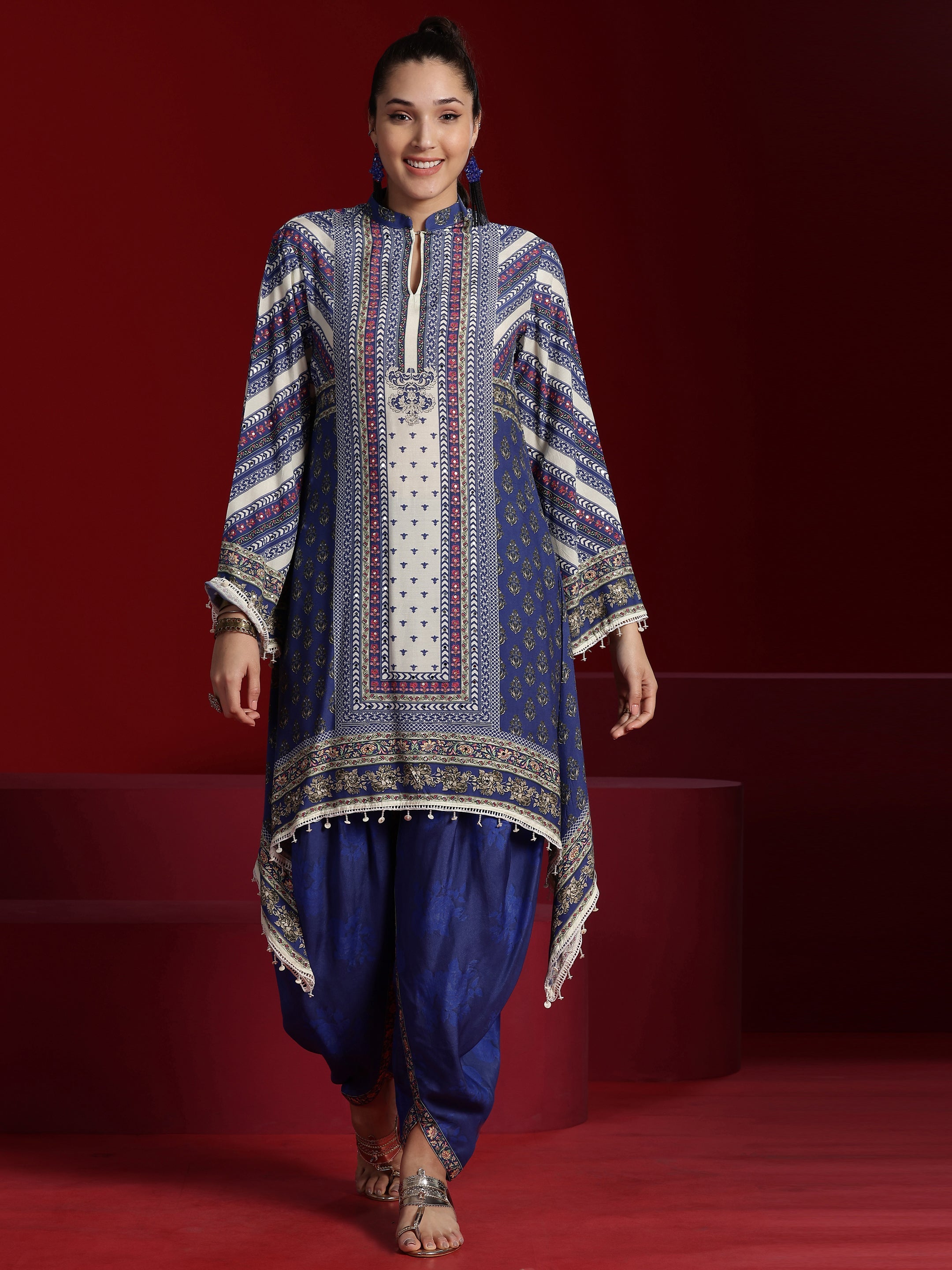 Libas Art Blue Printed Silk Blend Straight Kurta With Dhoti Pants