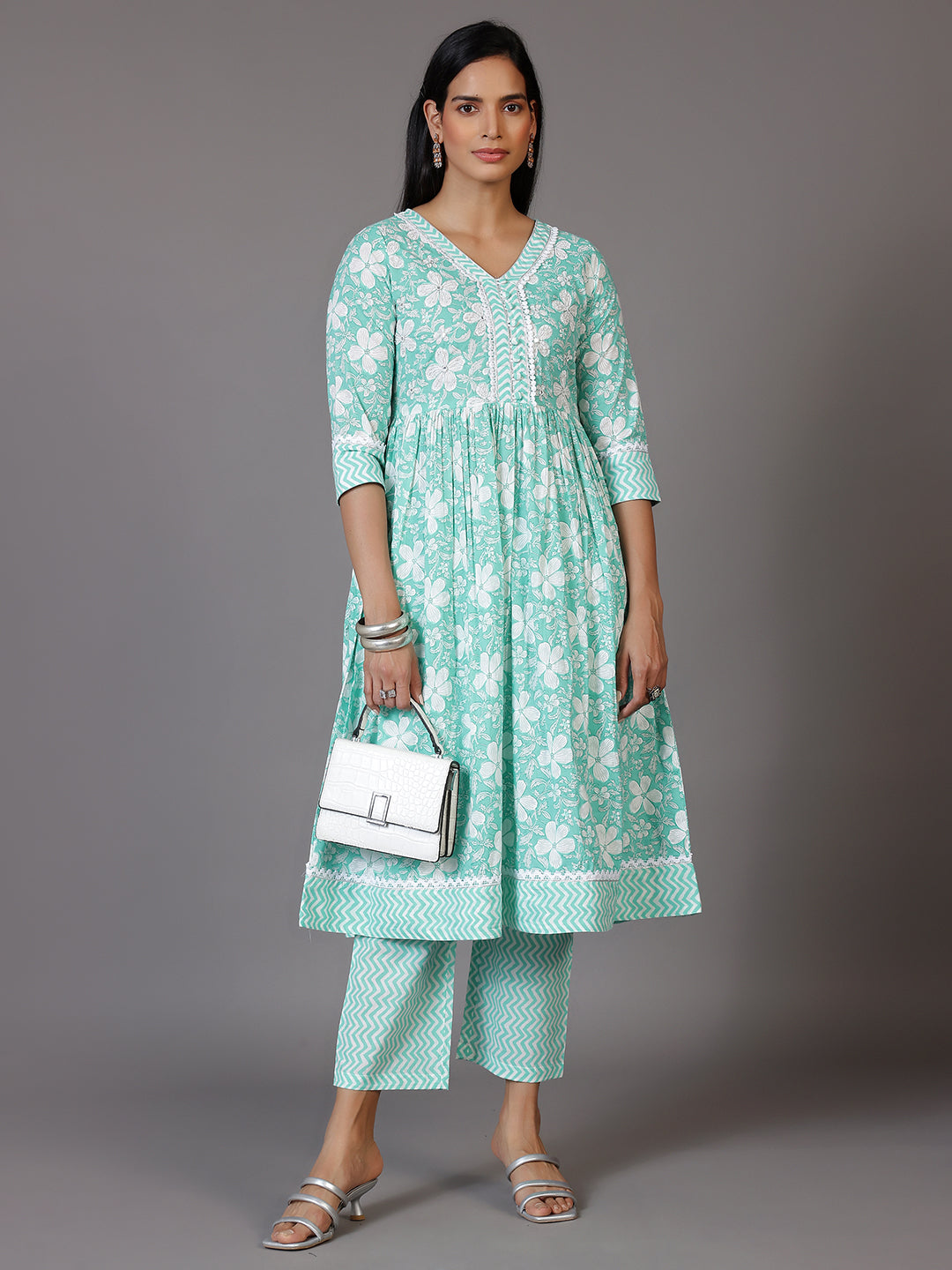 Green Printed Cotton Anarkali Kurta Set