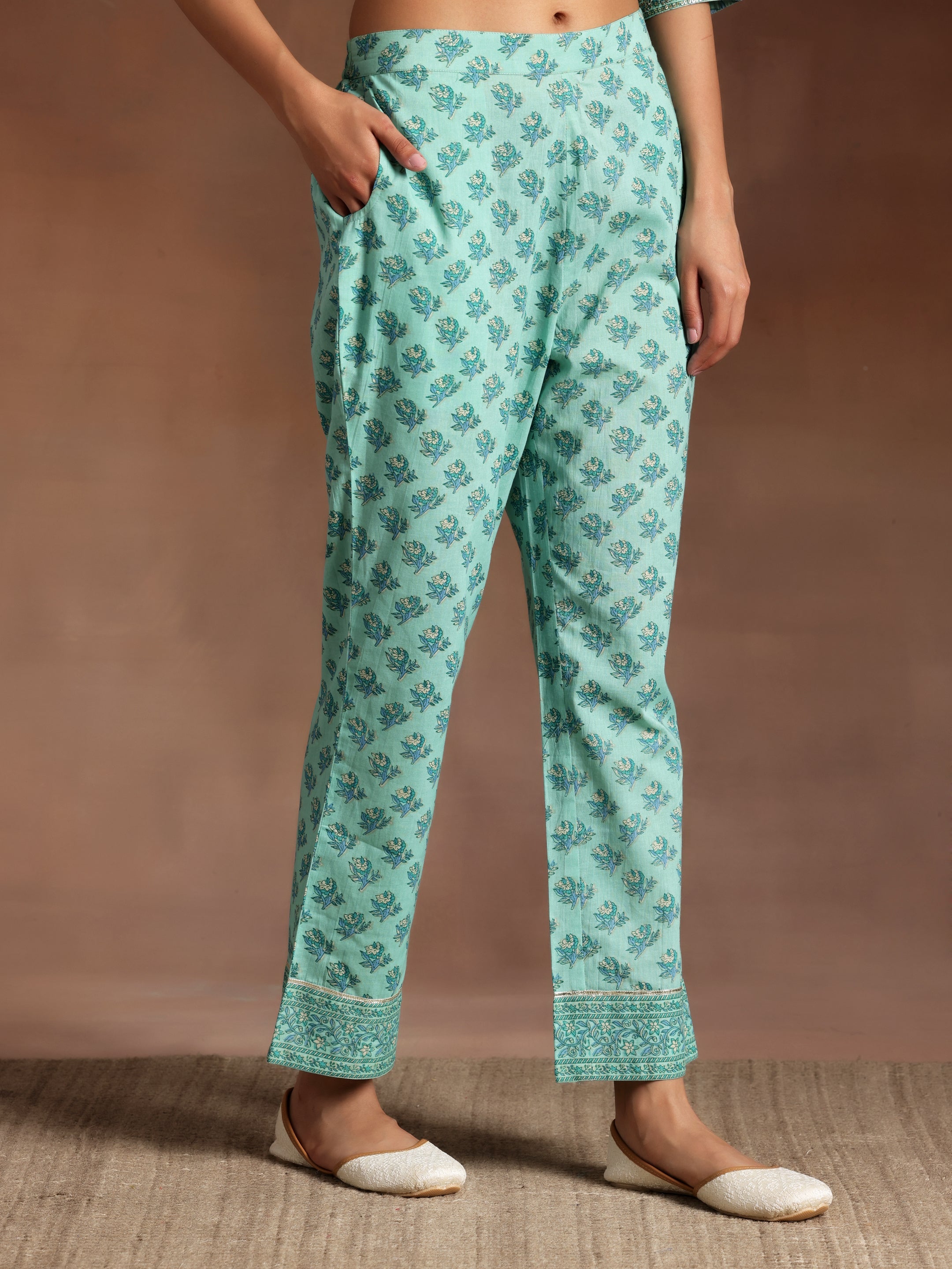 Turquoise Printed Cotton A-Line Kurta With Palazzos & Dupatta