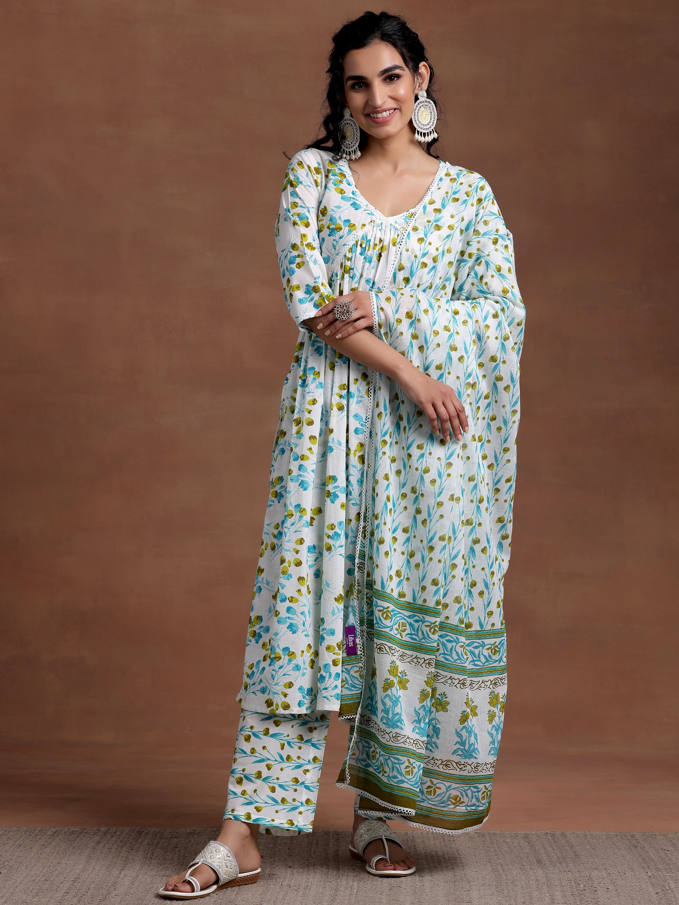 Off White Printed Cotton A-Line Kurta With Palazzos & Dupatta