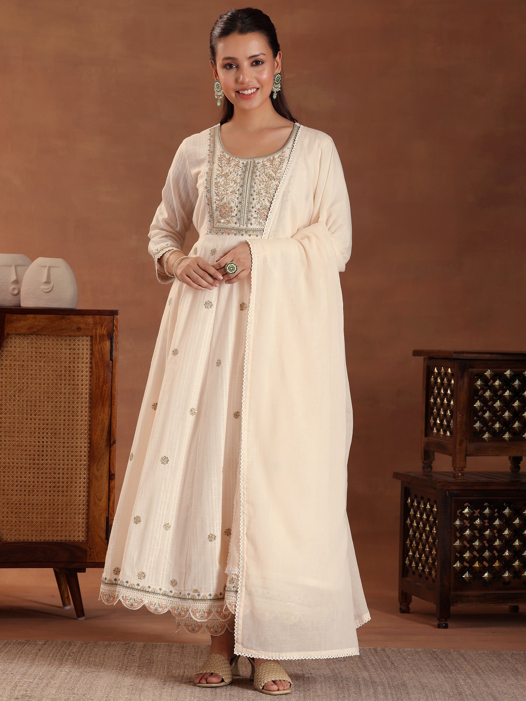 Peach Embroidered Pure Cotton A-line Kurta With Sharara & Dupatta