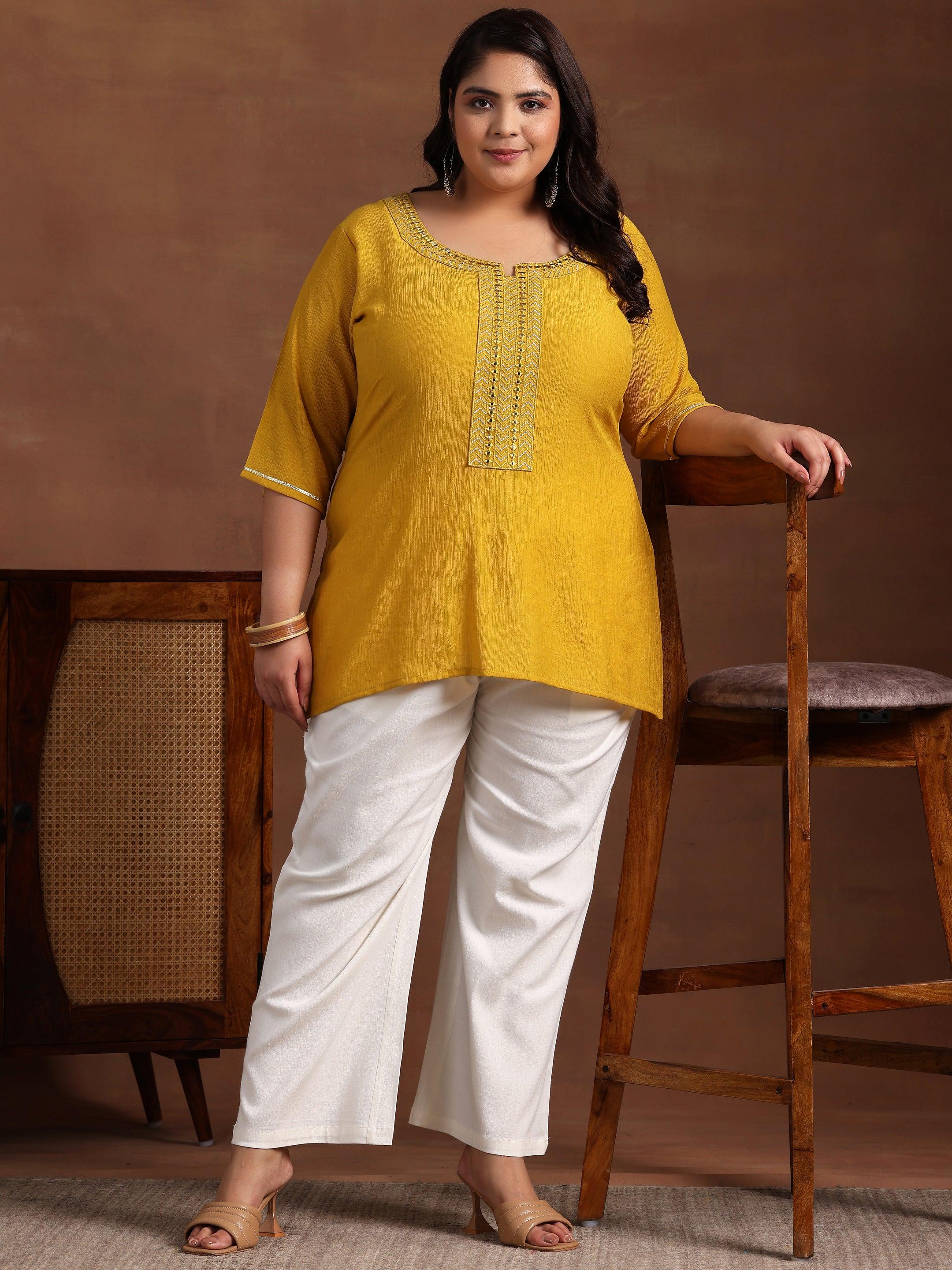 Plus Size Mustard Woven Design Cotton Blend Straight Kurti