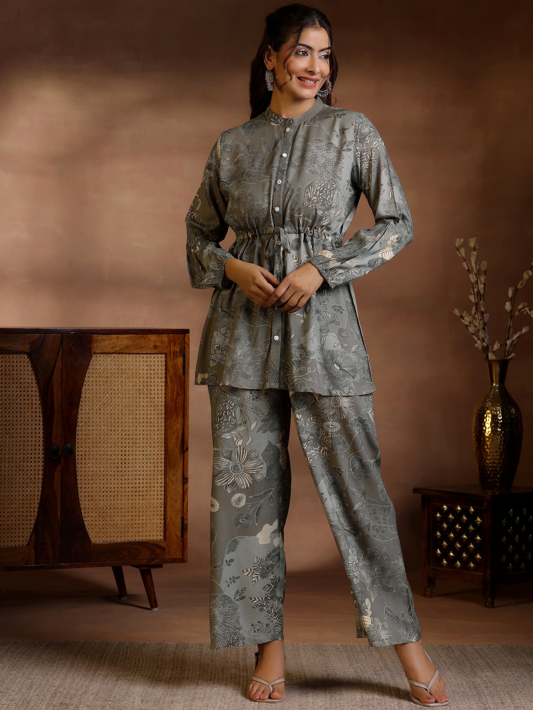 Grey Printed Silk Blend Co-Ords