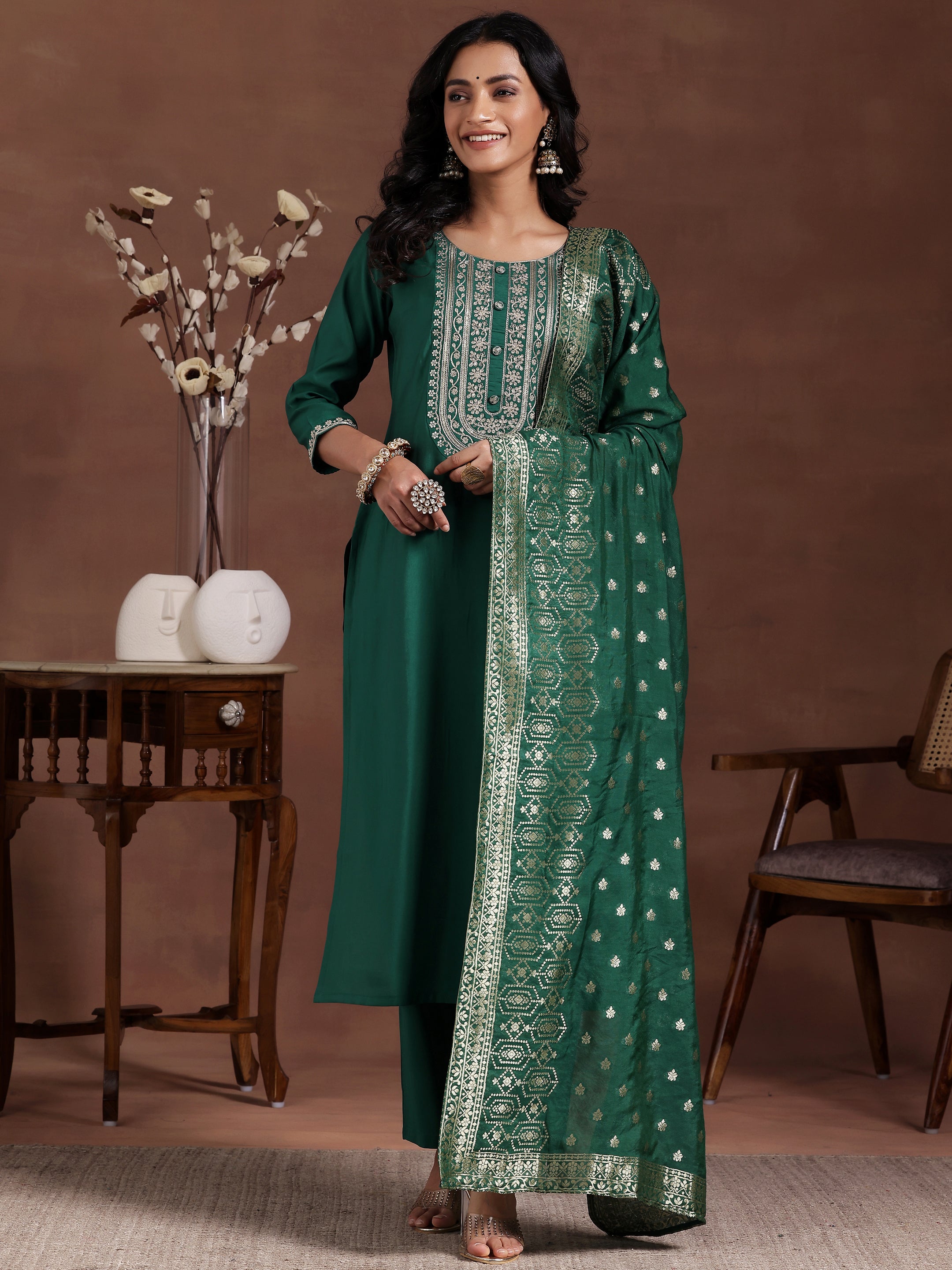 Green Yoke Design Silk Blend Straight Suit With Dupatta