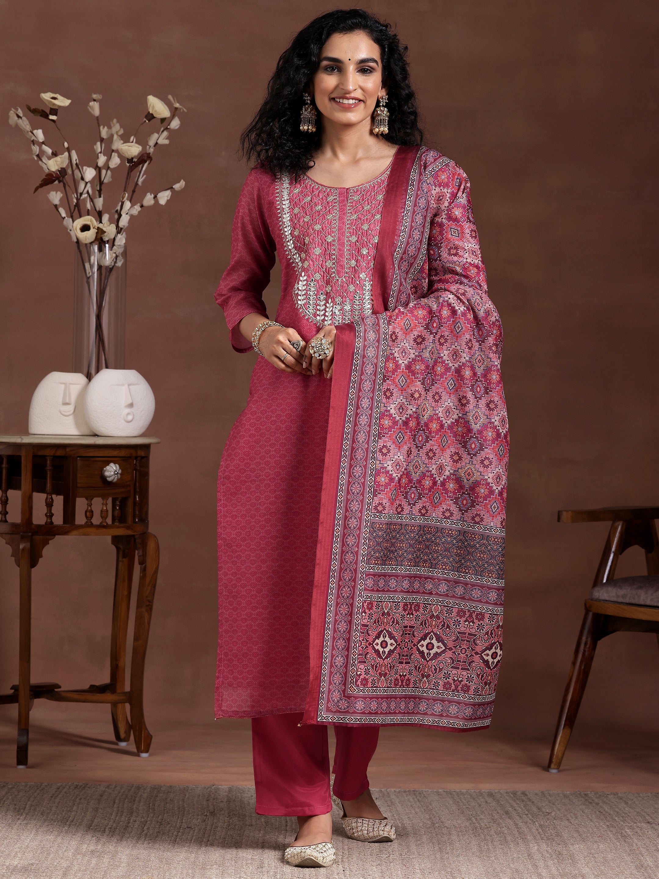 Pink Printed Silk Blend Straight Suit With Dupatta