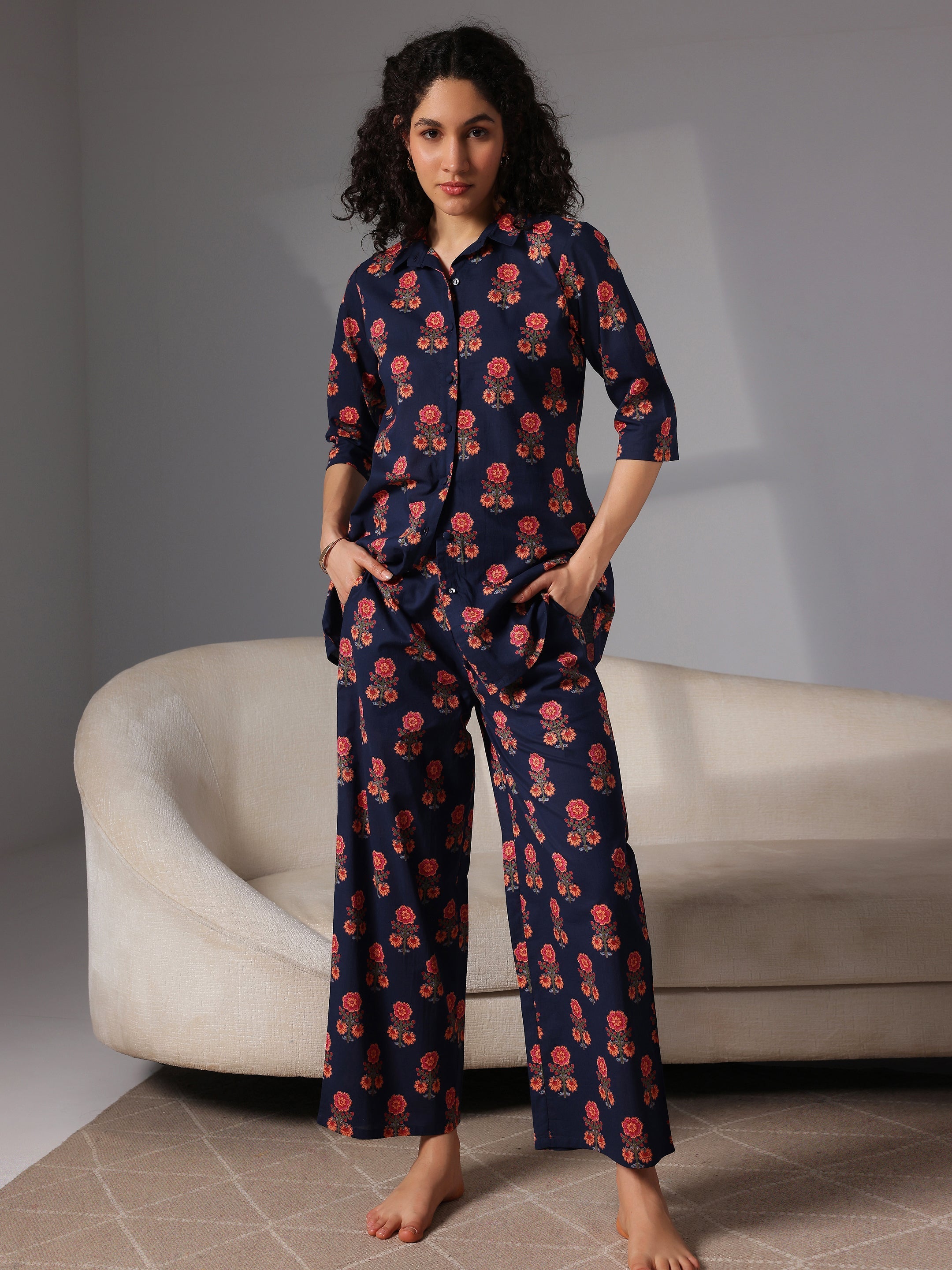 Blue Printed Cotton Night Suits