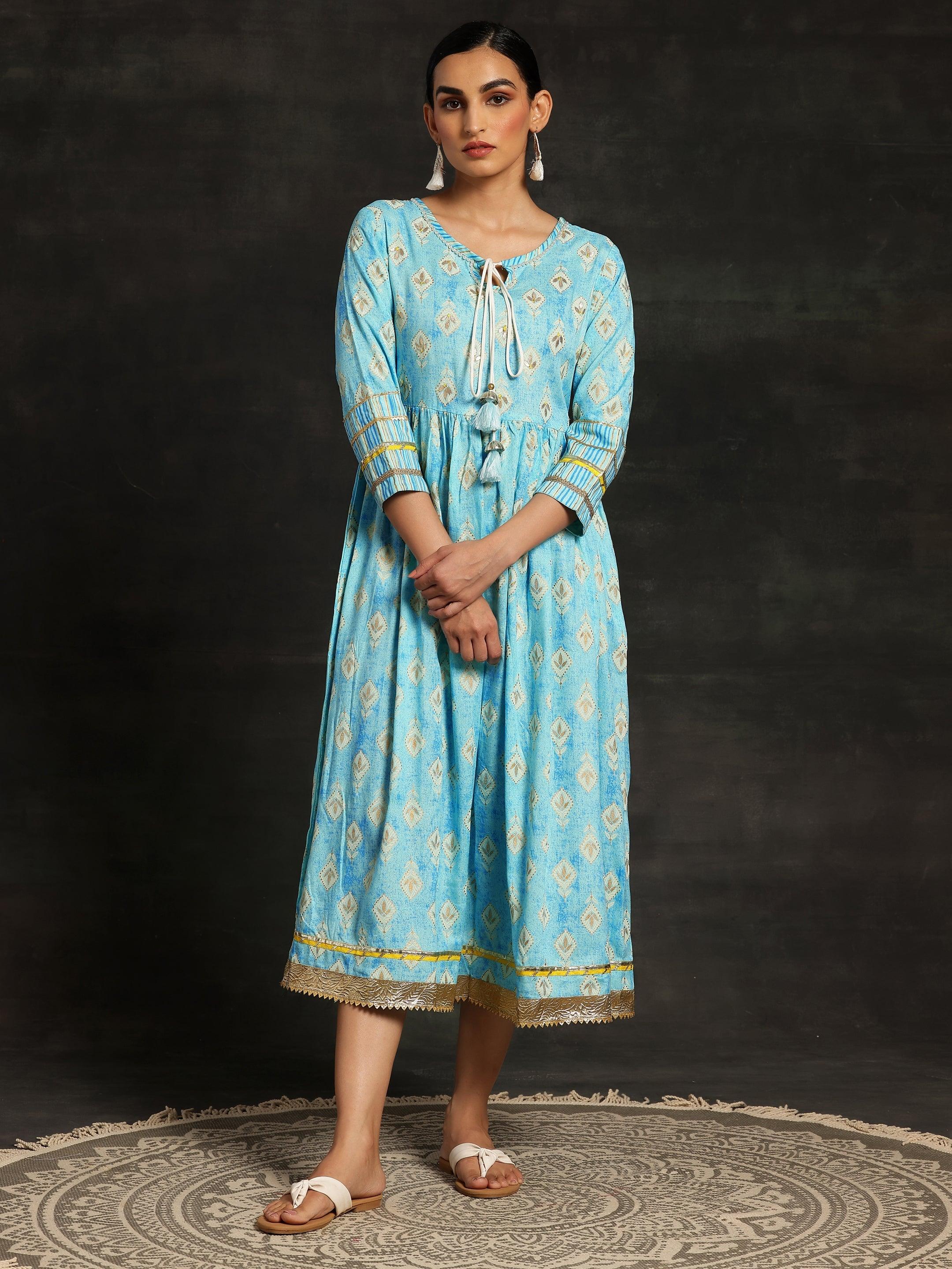 Turquoise Printed Cotton Fit and Flare Dress