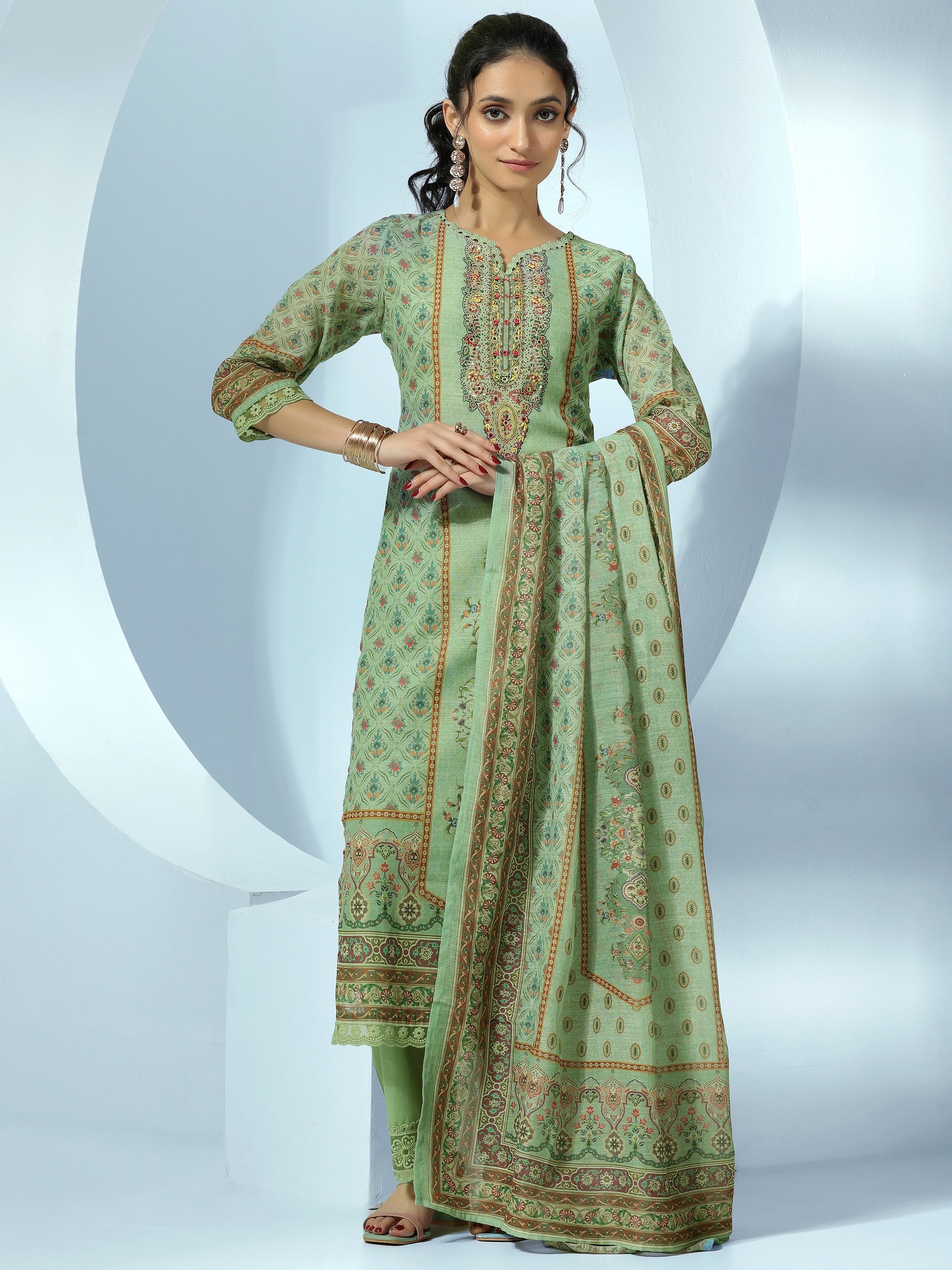 Green Printed Linen Straight Suit With Dupatta