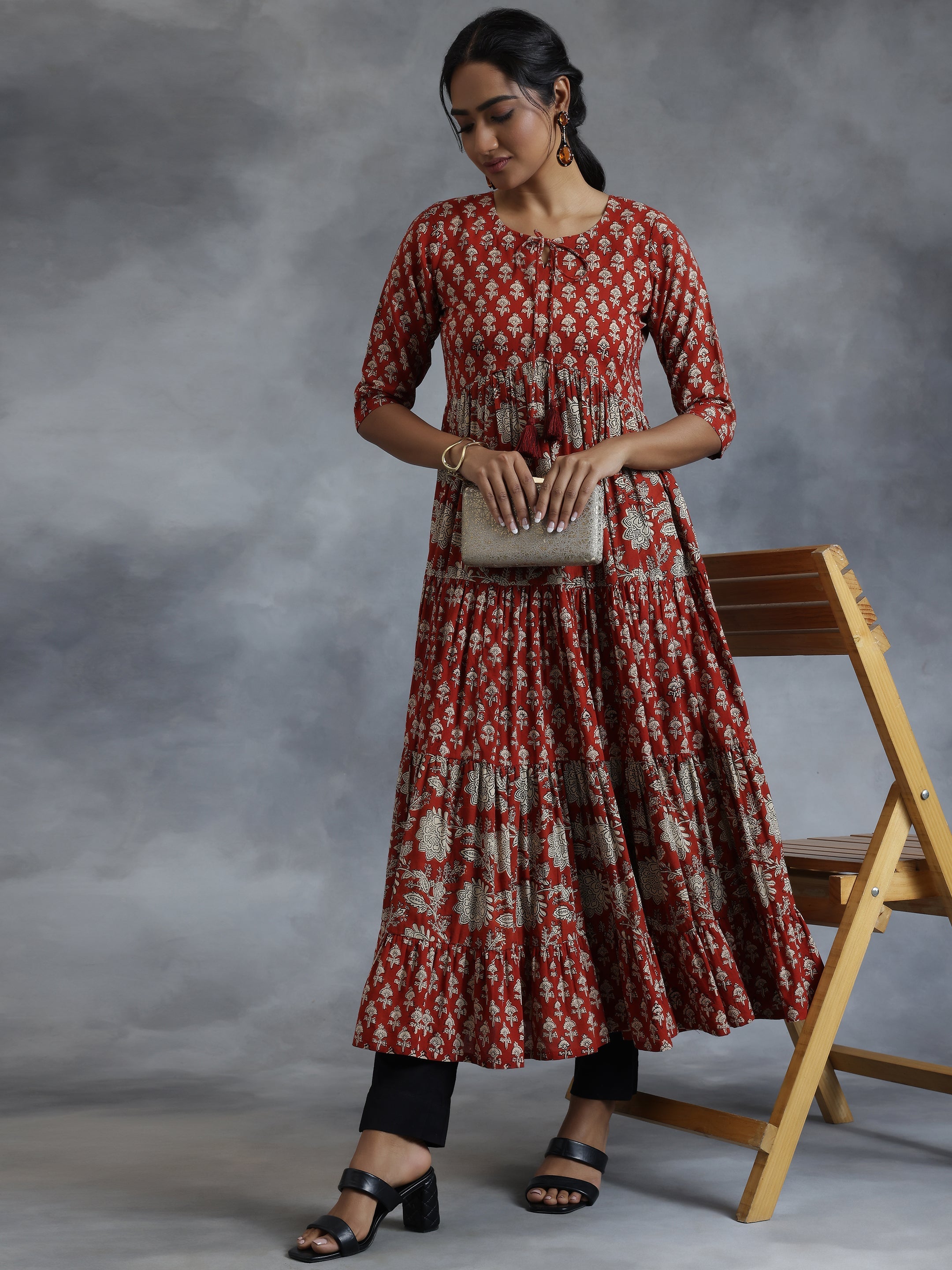 Rust Printed Cotton A-Line Dress