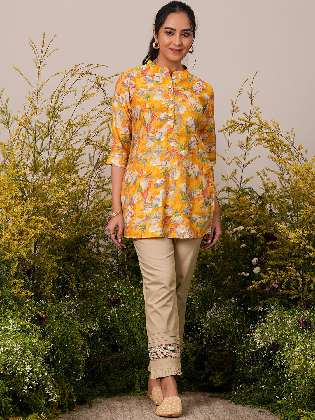 Yellow Printed Silk Blend A-Line Kurti