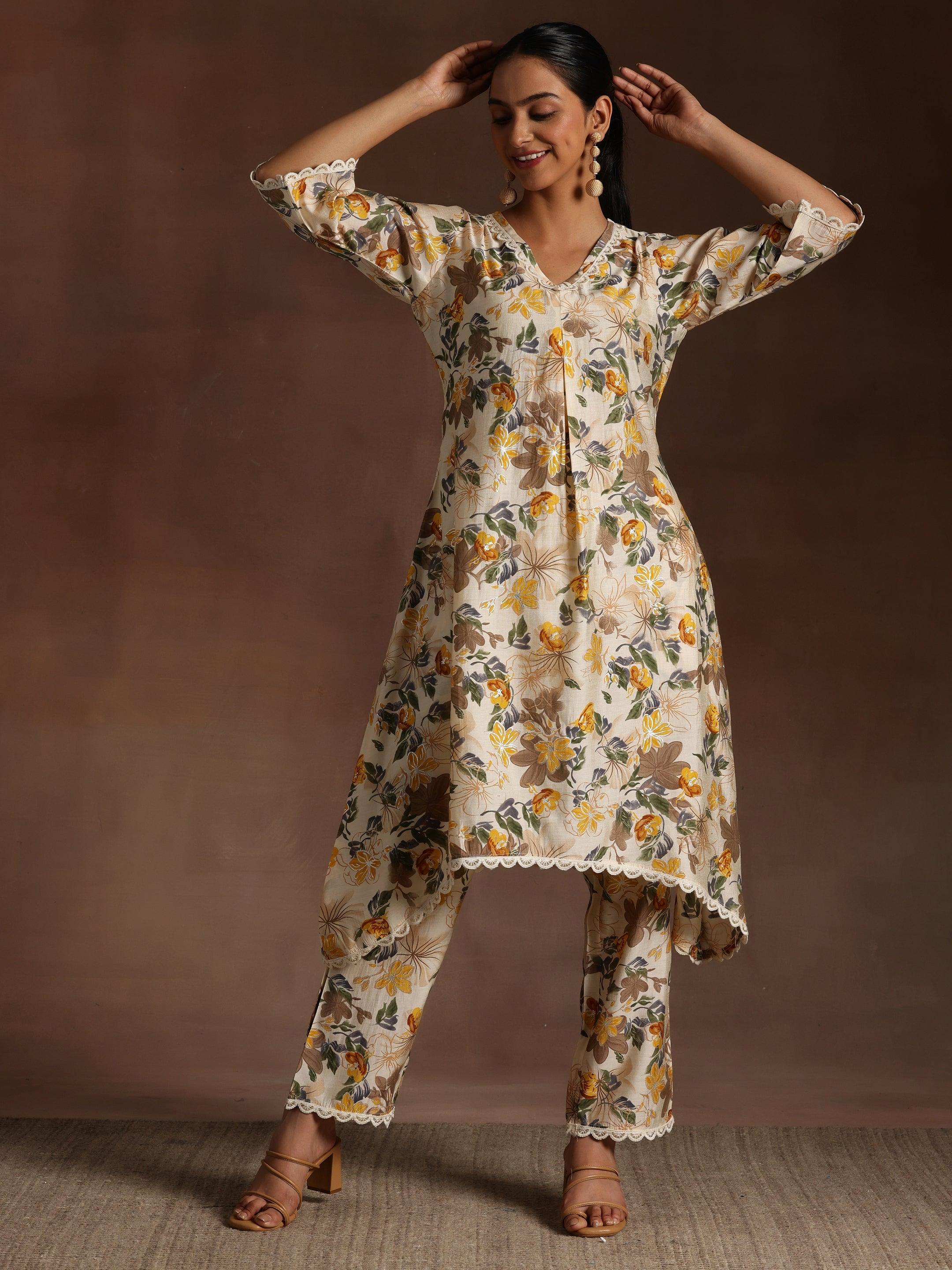 Beige Printed Chanderi Silk A-Line Kurta With Trousers