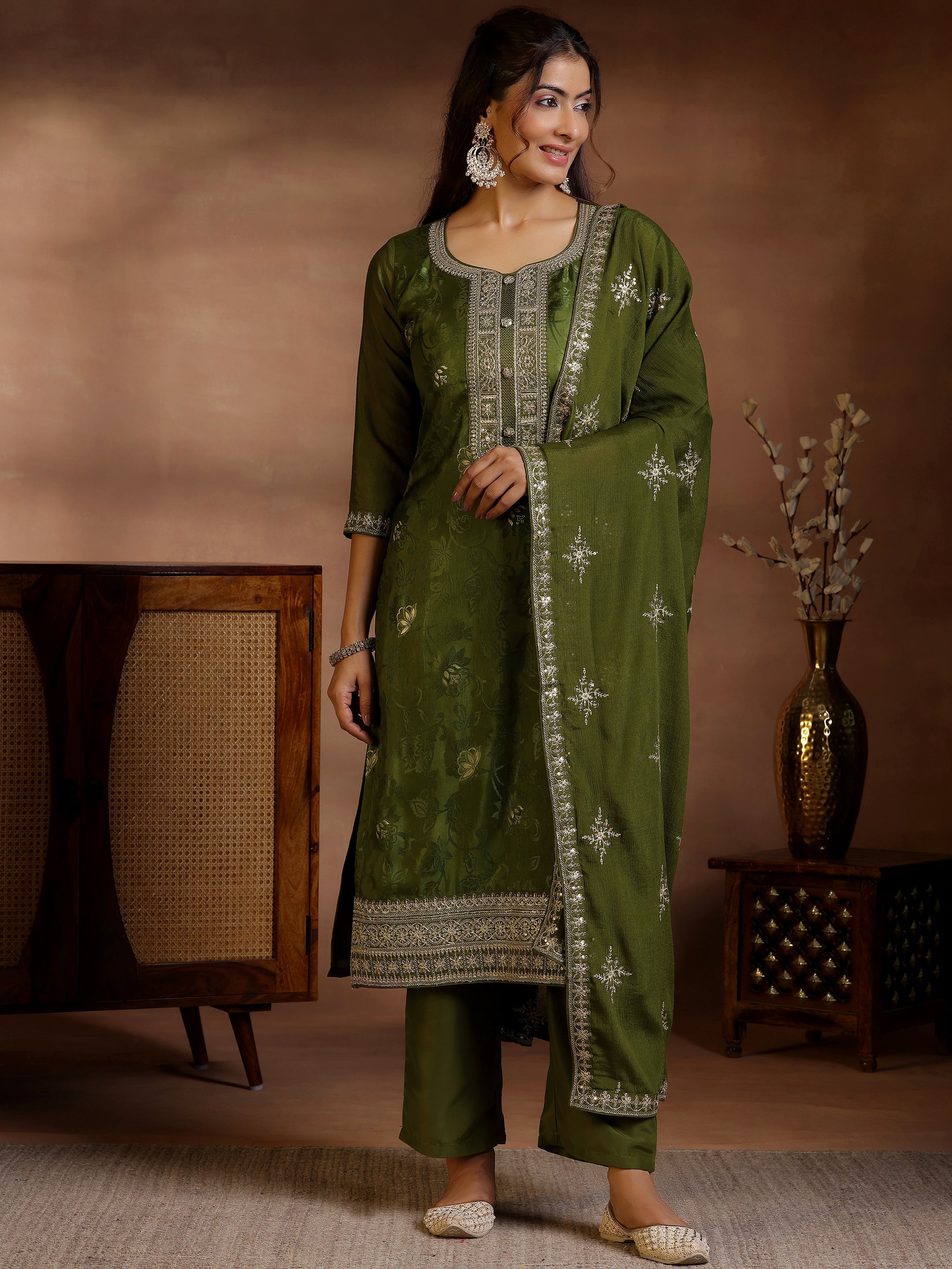 Olive Woven Design Silk Blend Straight Suit With Dupatta