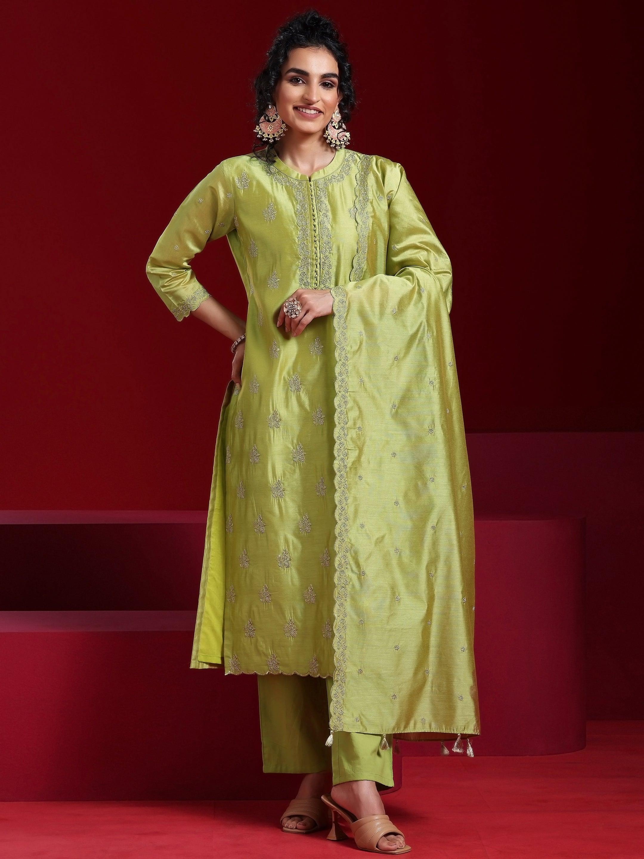 Libas Art Green Embroidered Chanderi Silk Straight Suit With Dupatta