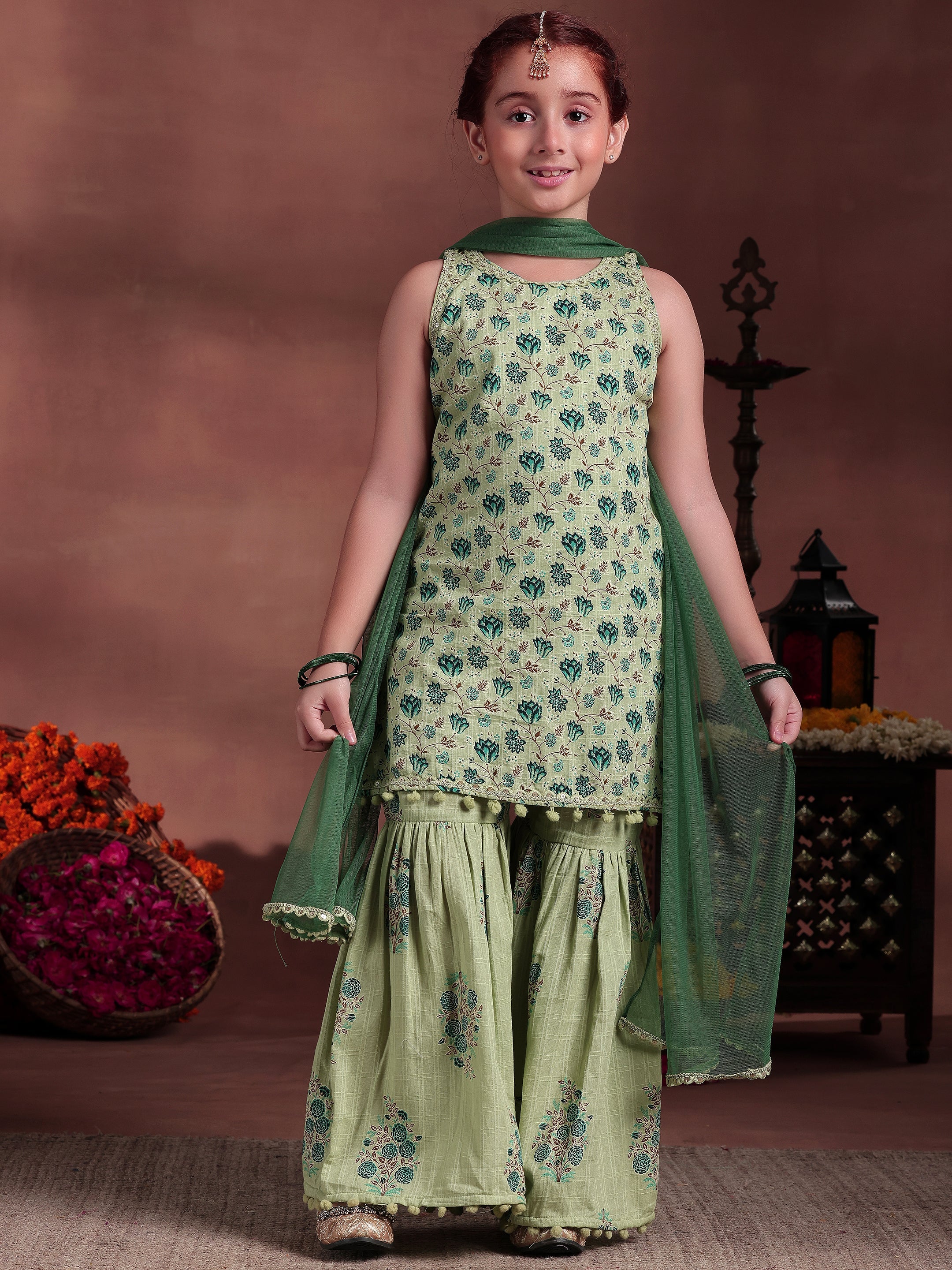 Kids Green Printed Cotton Straight Suit With Dupatta