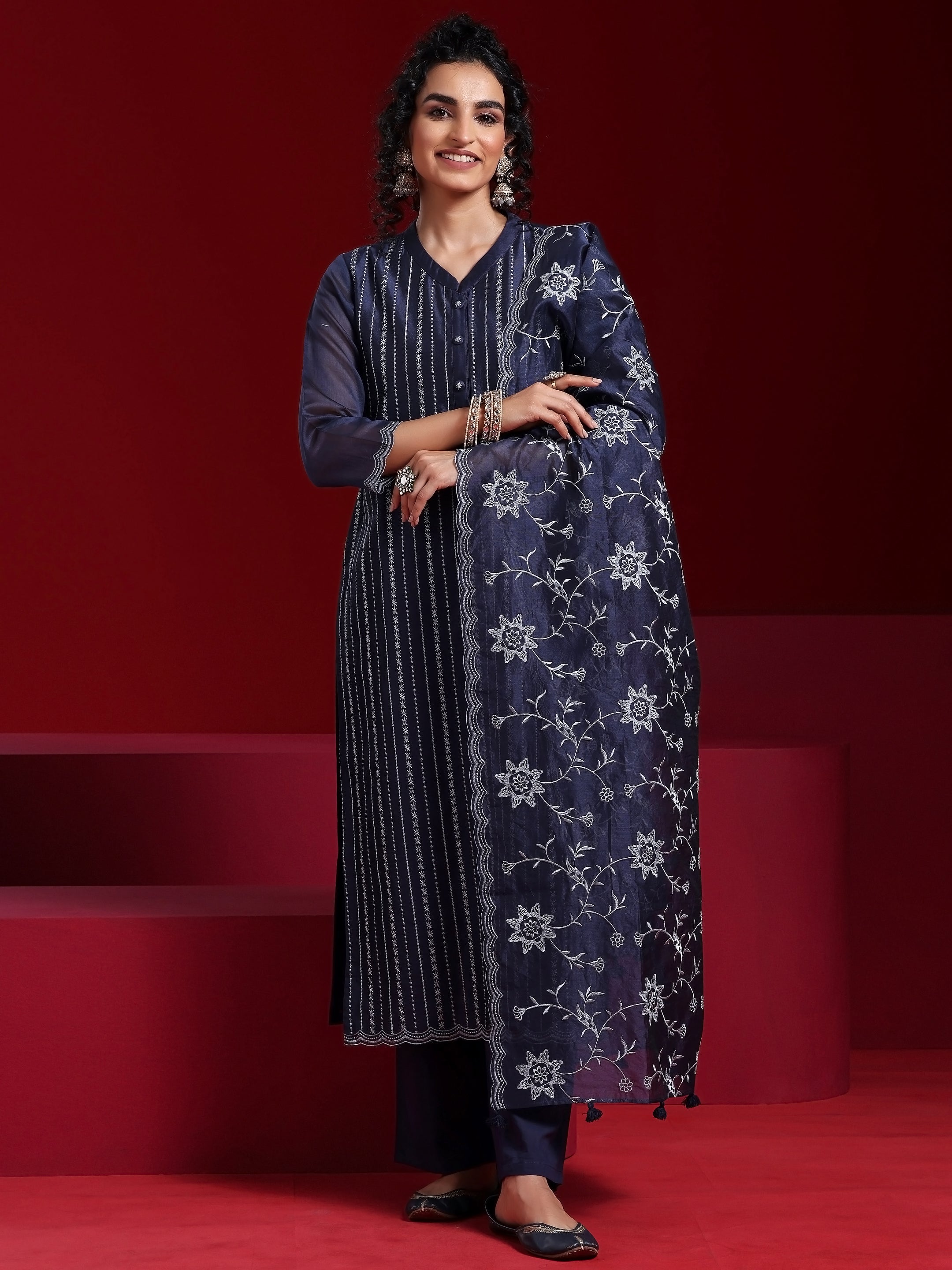 Libas Art Blue Embroidered Chanderi Silk Straight Suit With Dupatta