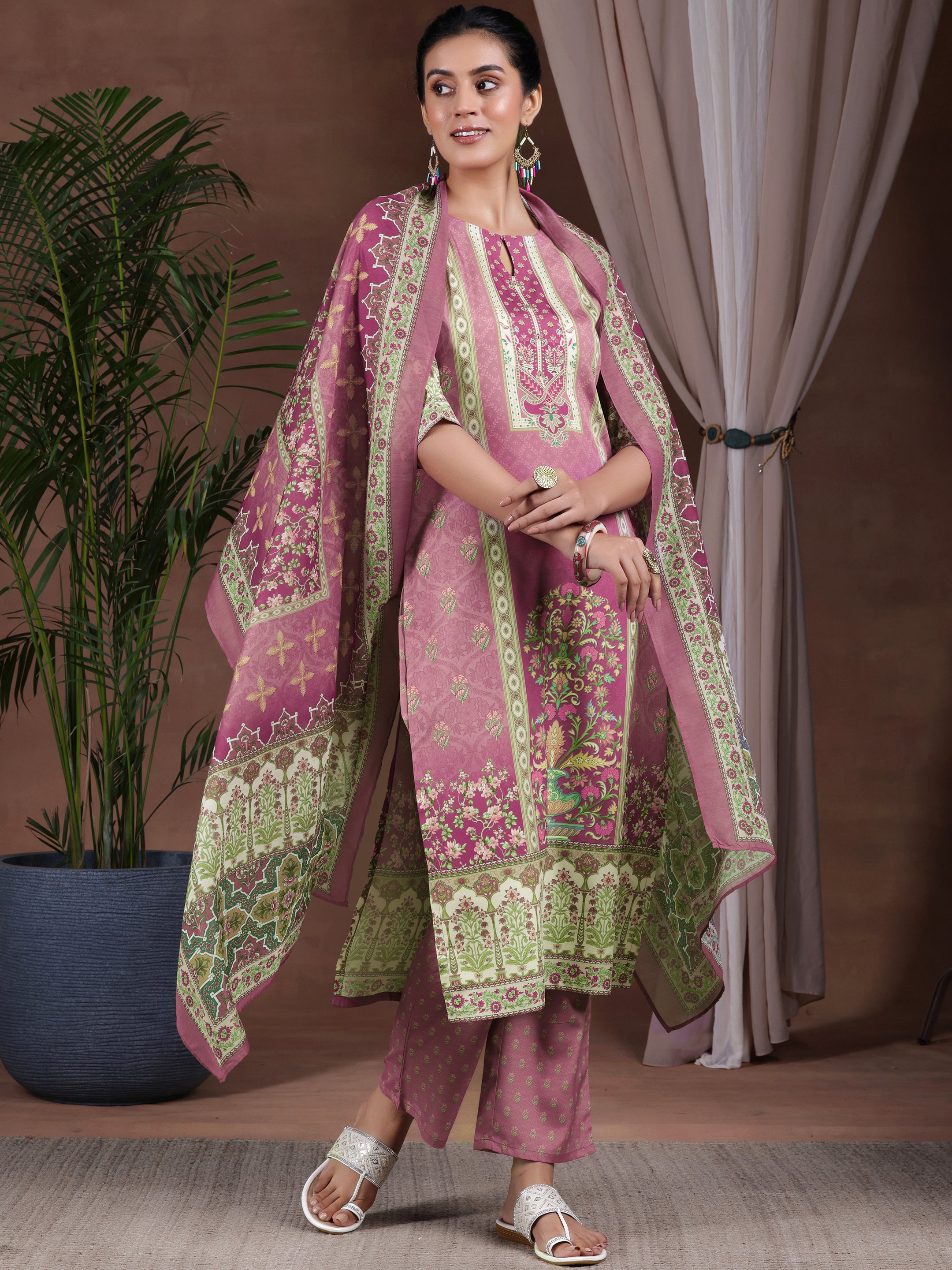 Mauve Printed Poly Crepe Straight Suit With Dupatta