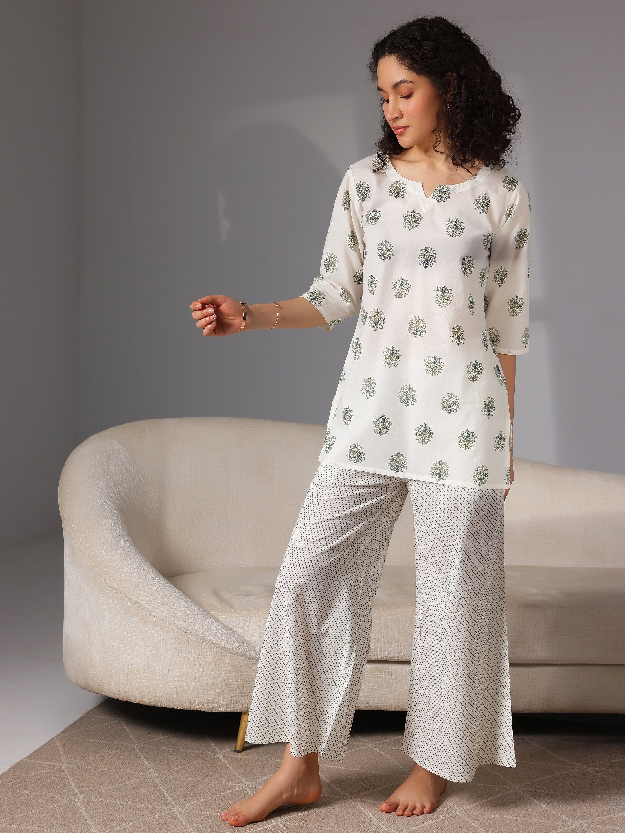 Cream Printed Cotton Night Suits