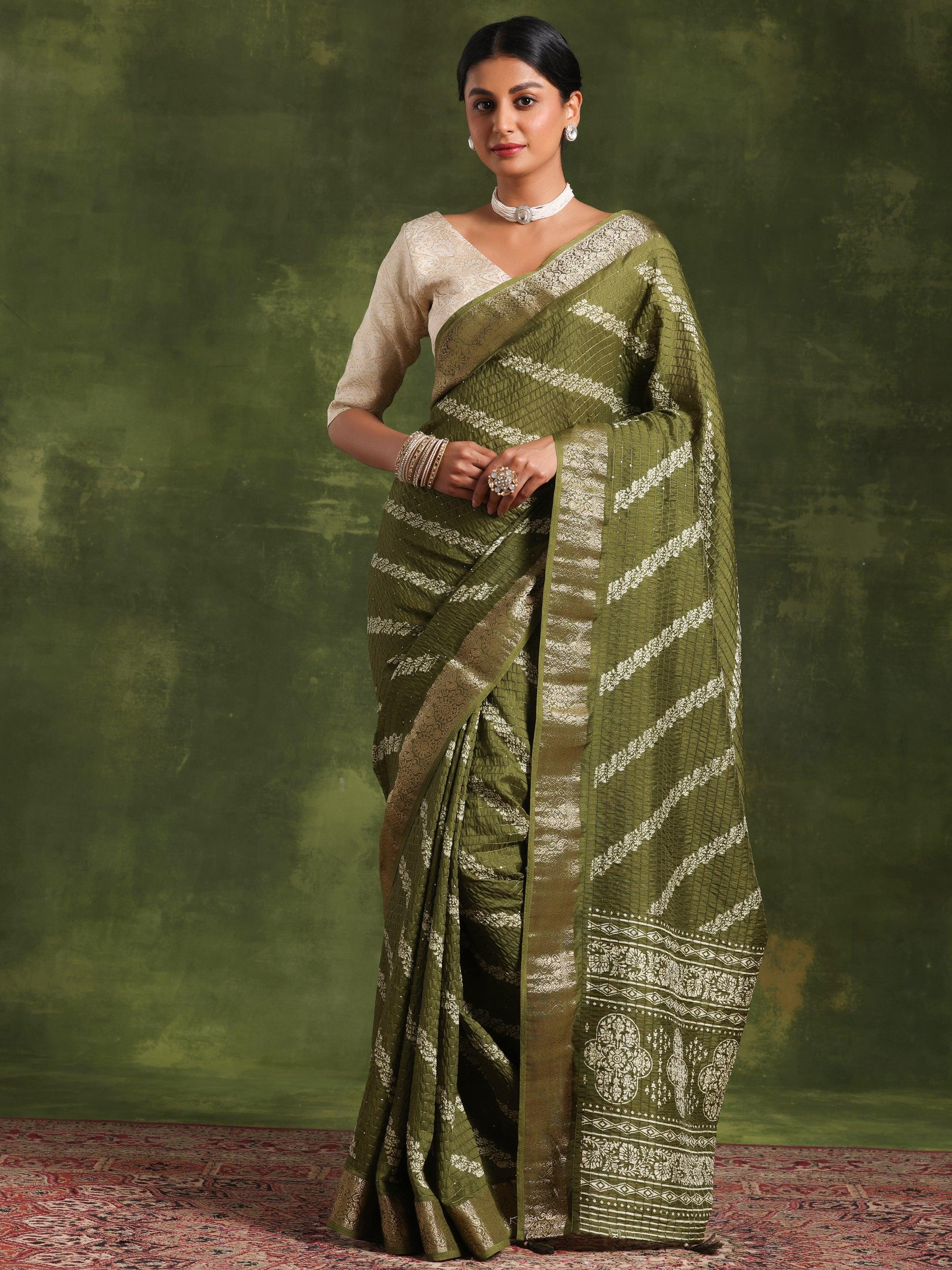 Green Printed Silk Blend Saree With Unstitched Blouse Piece