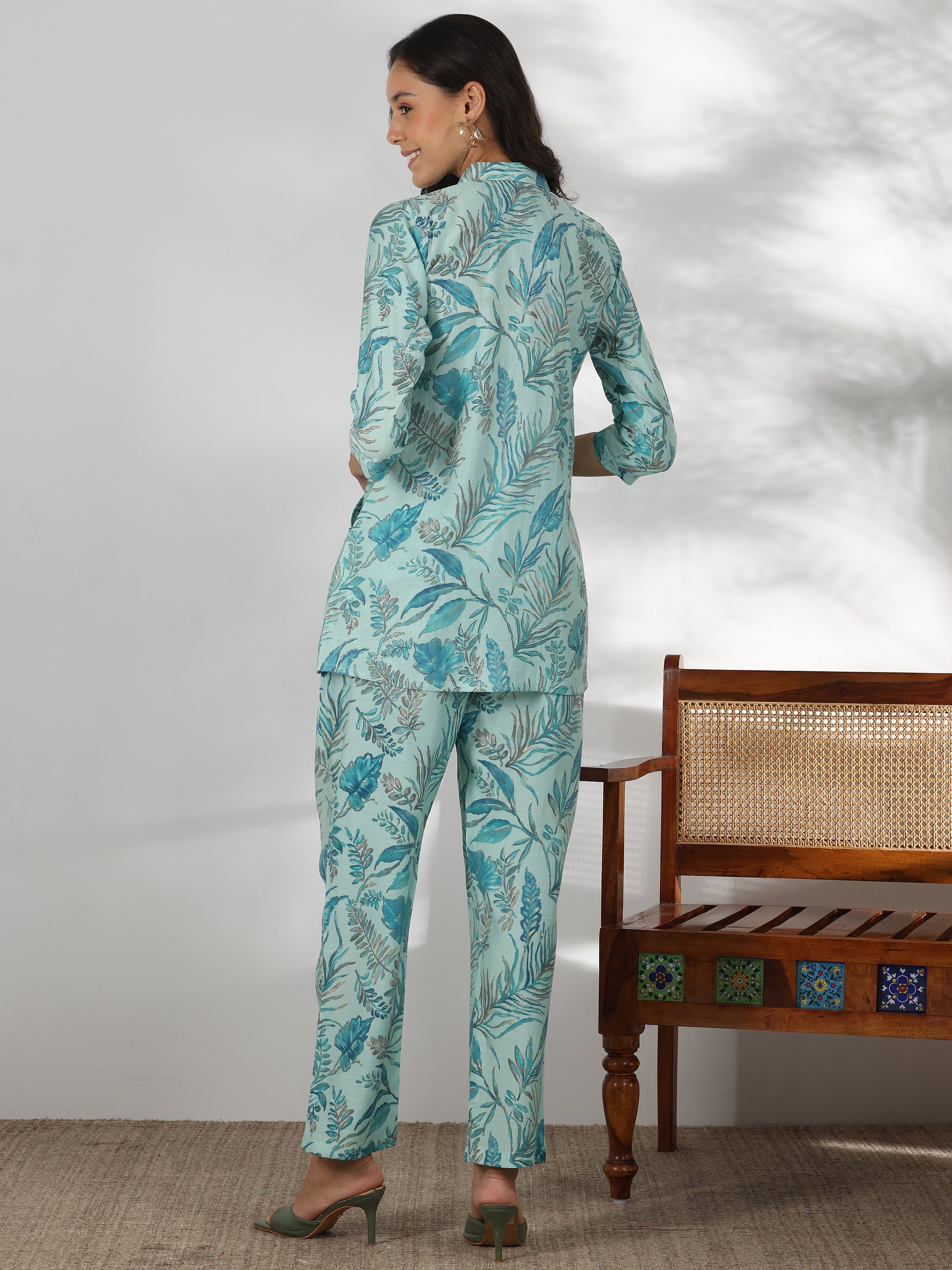 Blue Printed Silk Blend Co-Ords