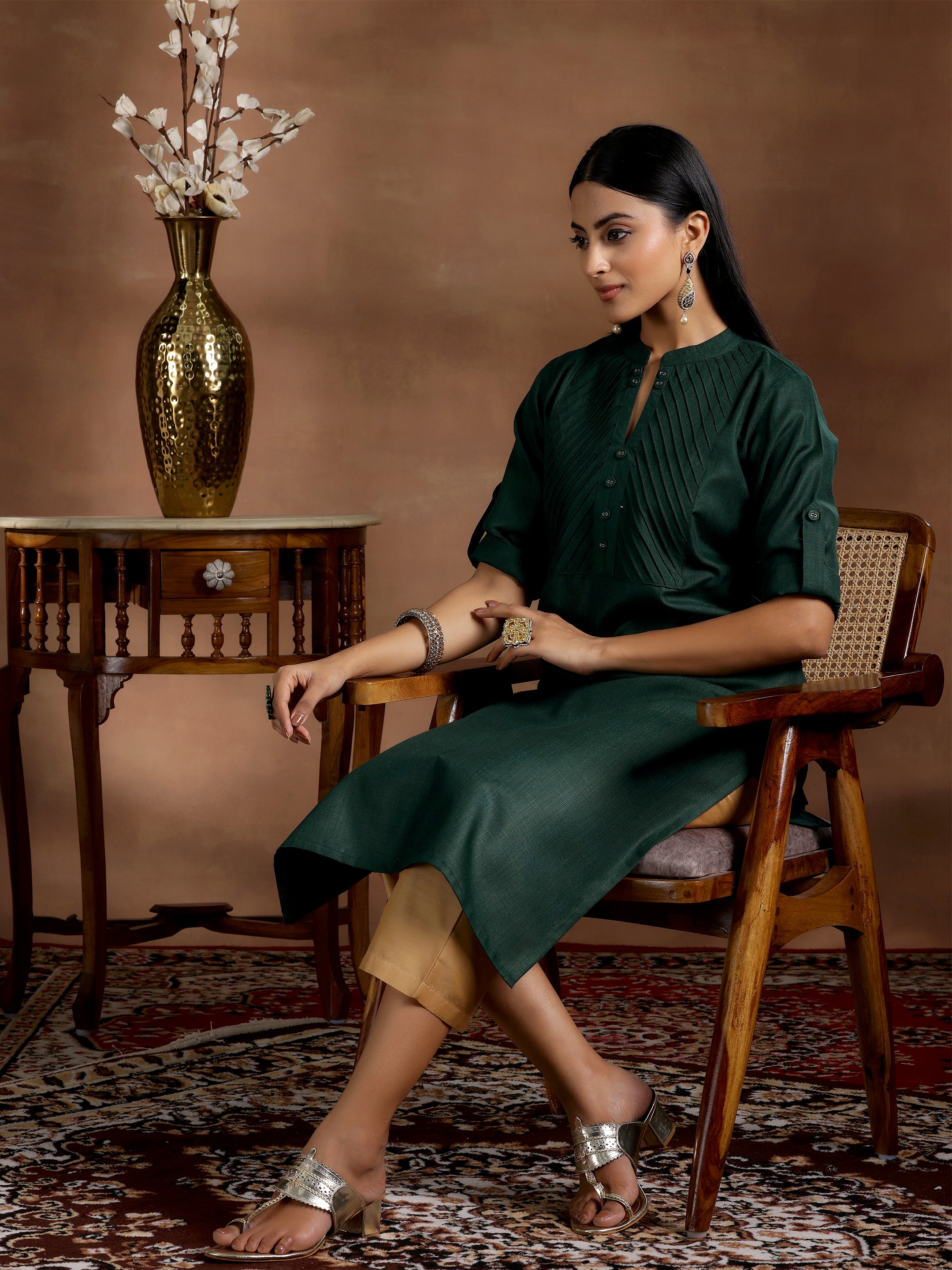 Green Solid Silk Straight Kurta