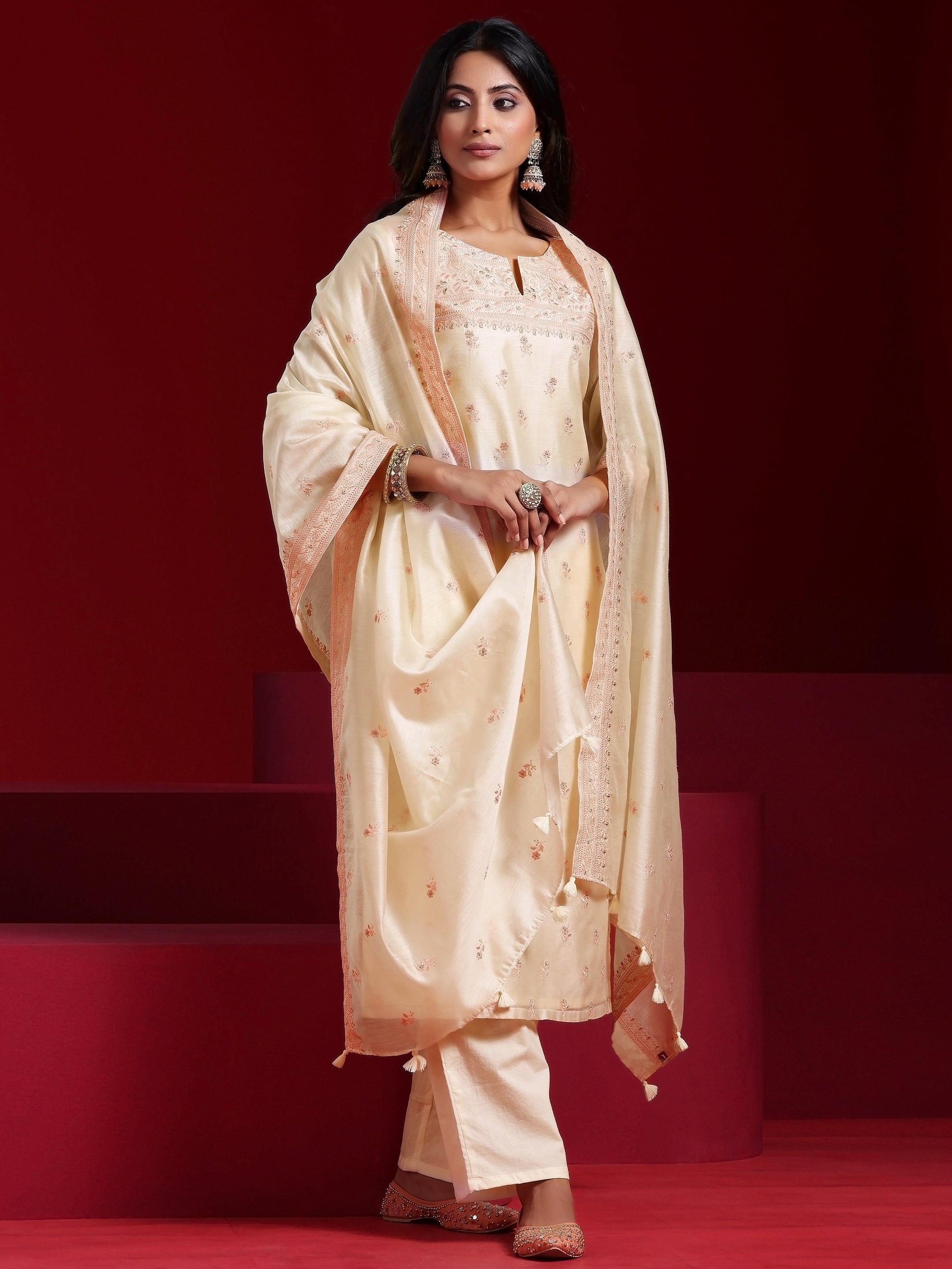 Libas Art Off White Embroidered Chanderi Silk Straight Suit With Dupatta