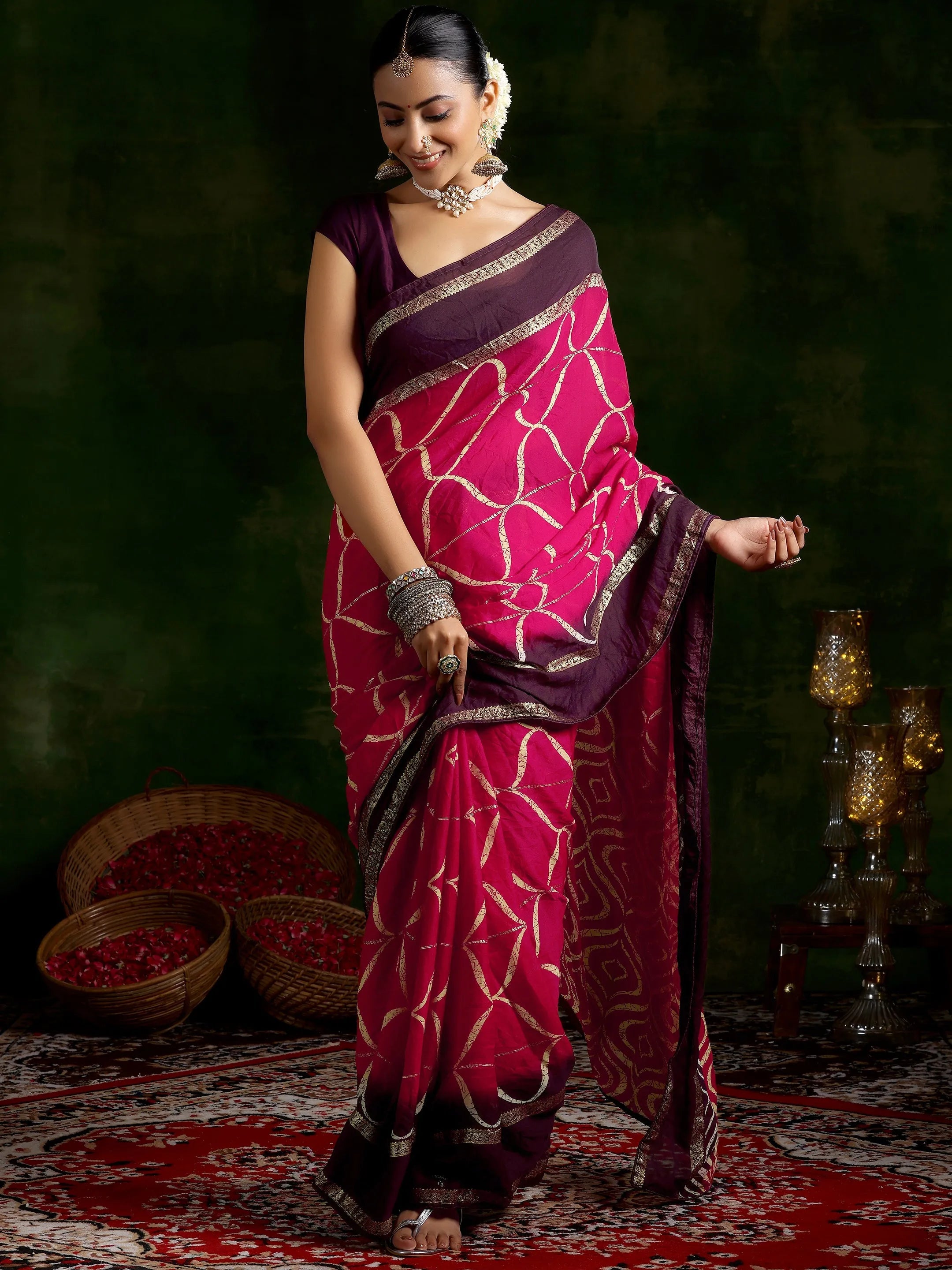 Pink Printed Chiffon Saree With Unstitched Blouse Piece