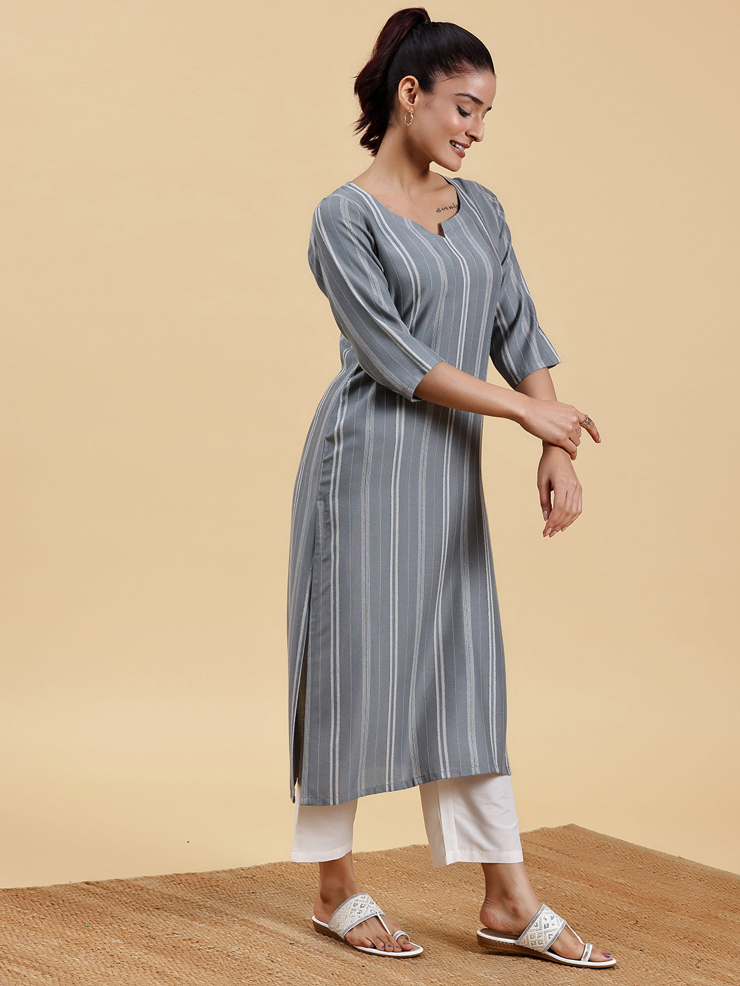 Grey Woven Design Rayon Straight Kurta