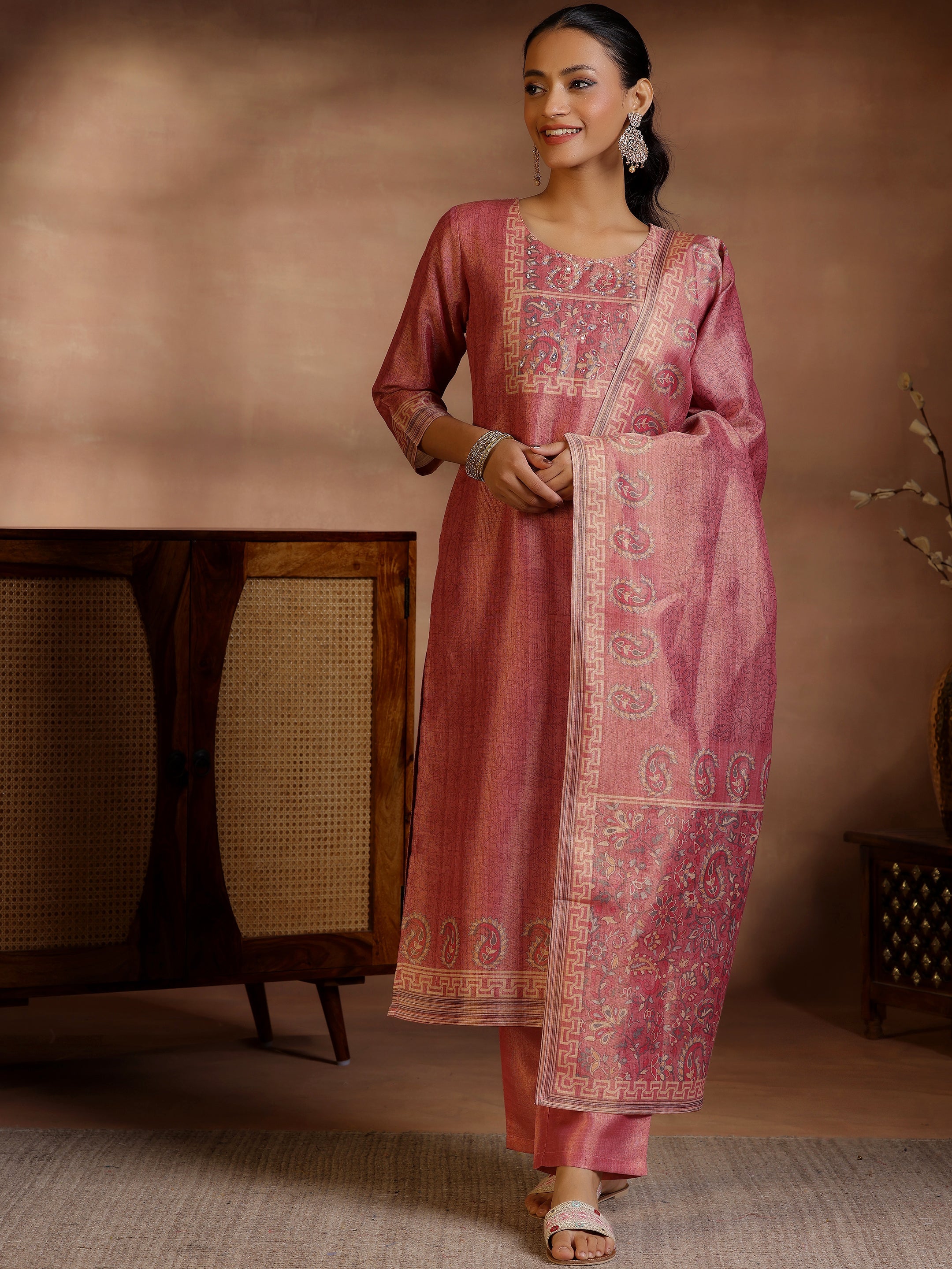 Pink Printed Silk Straight Suit With Dupatta