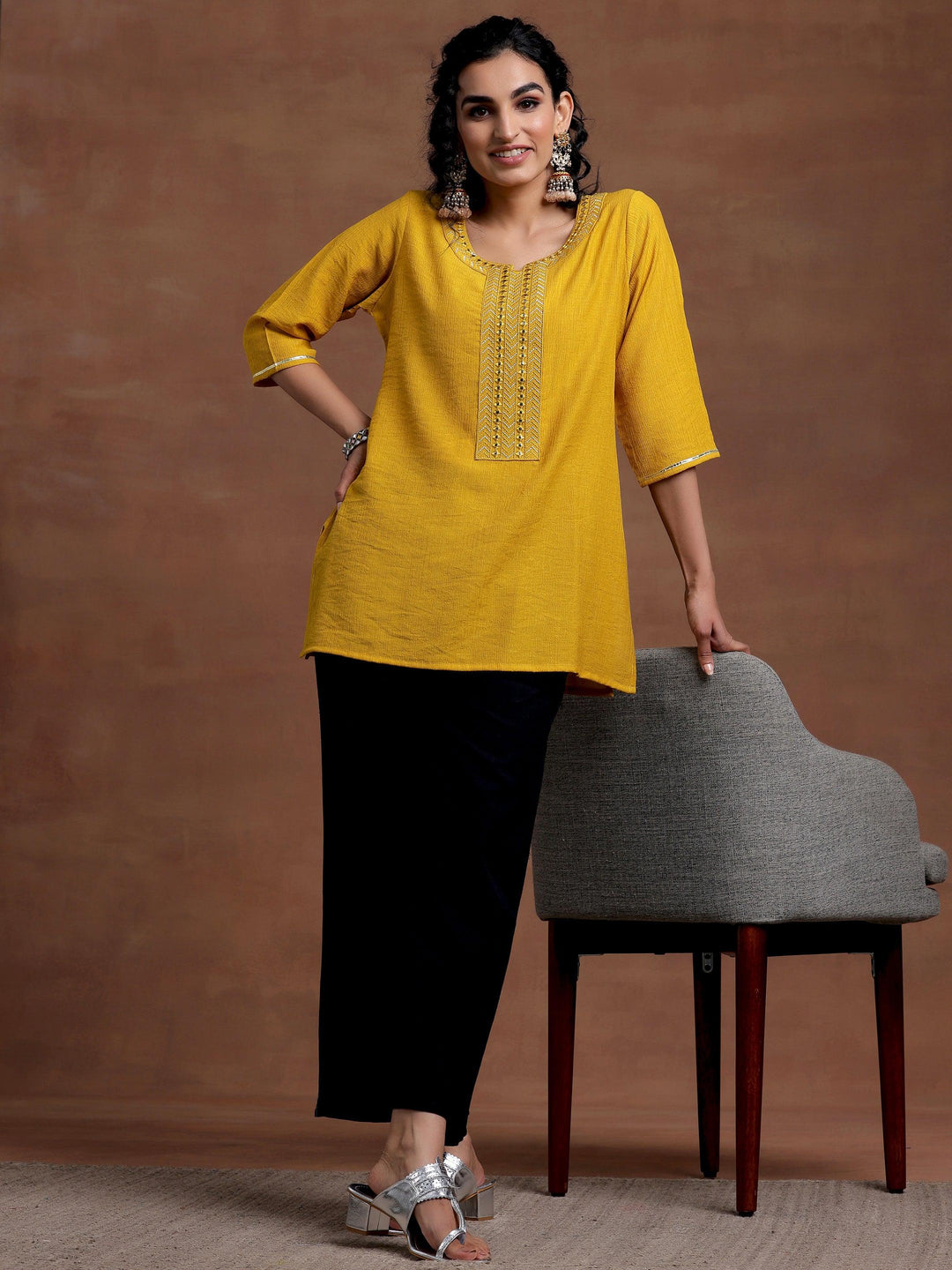 Mustard Self Design Cotton Blend Kurti - Libas