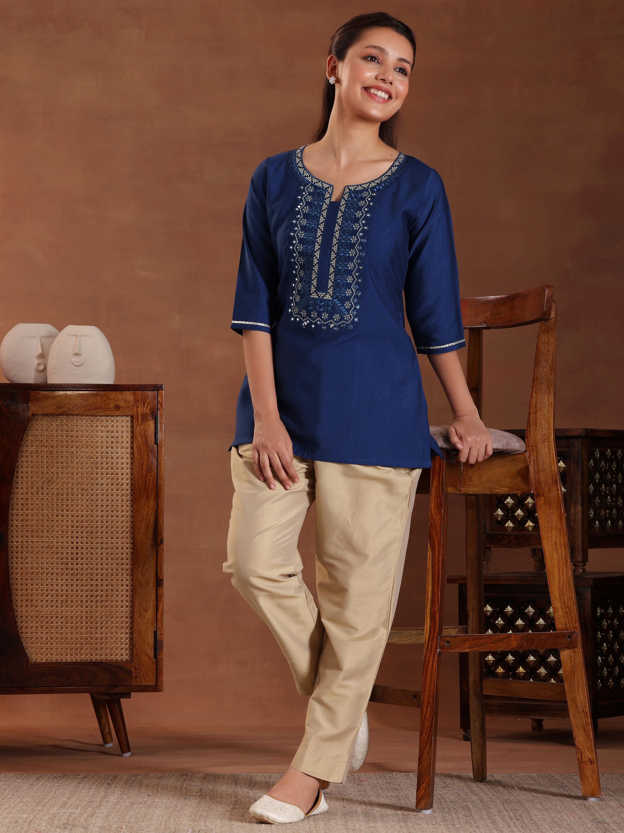 Blue Embroidered Silk Blend Straight Kurti