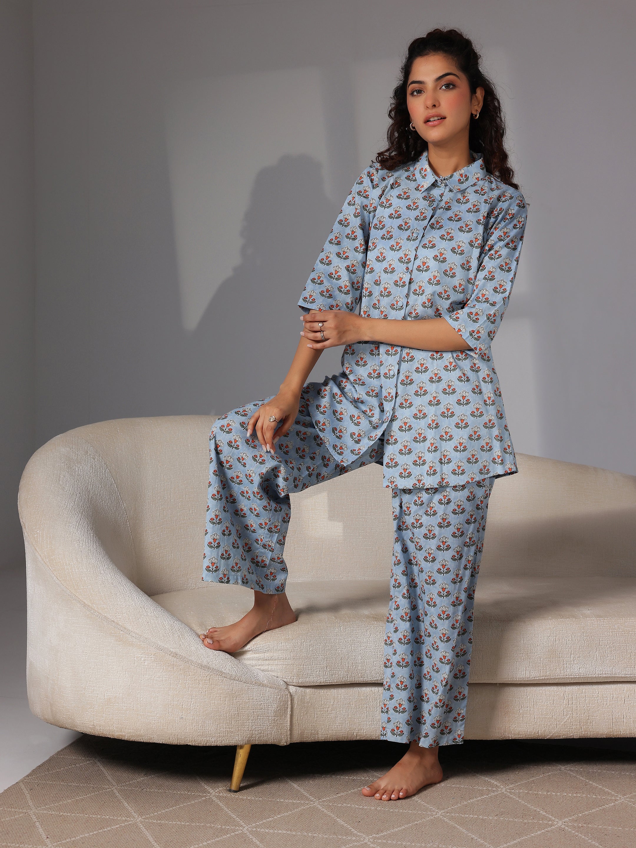 Blue Printed Cotton Night Suits