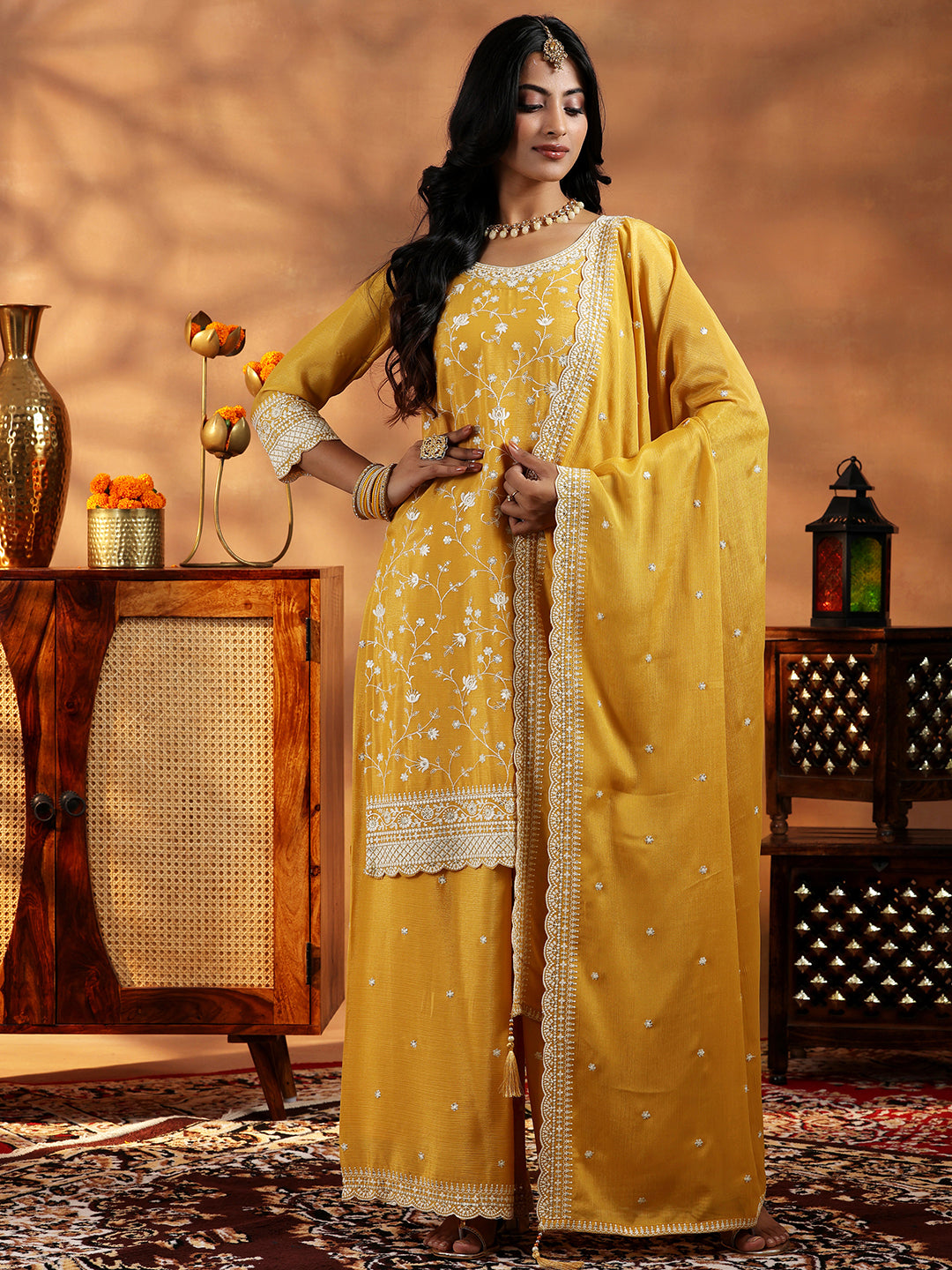 Mustard Embroidered Silk Blend Straight Suit With Dupatta