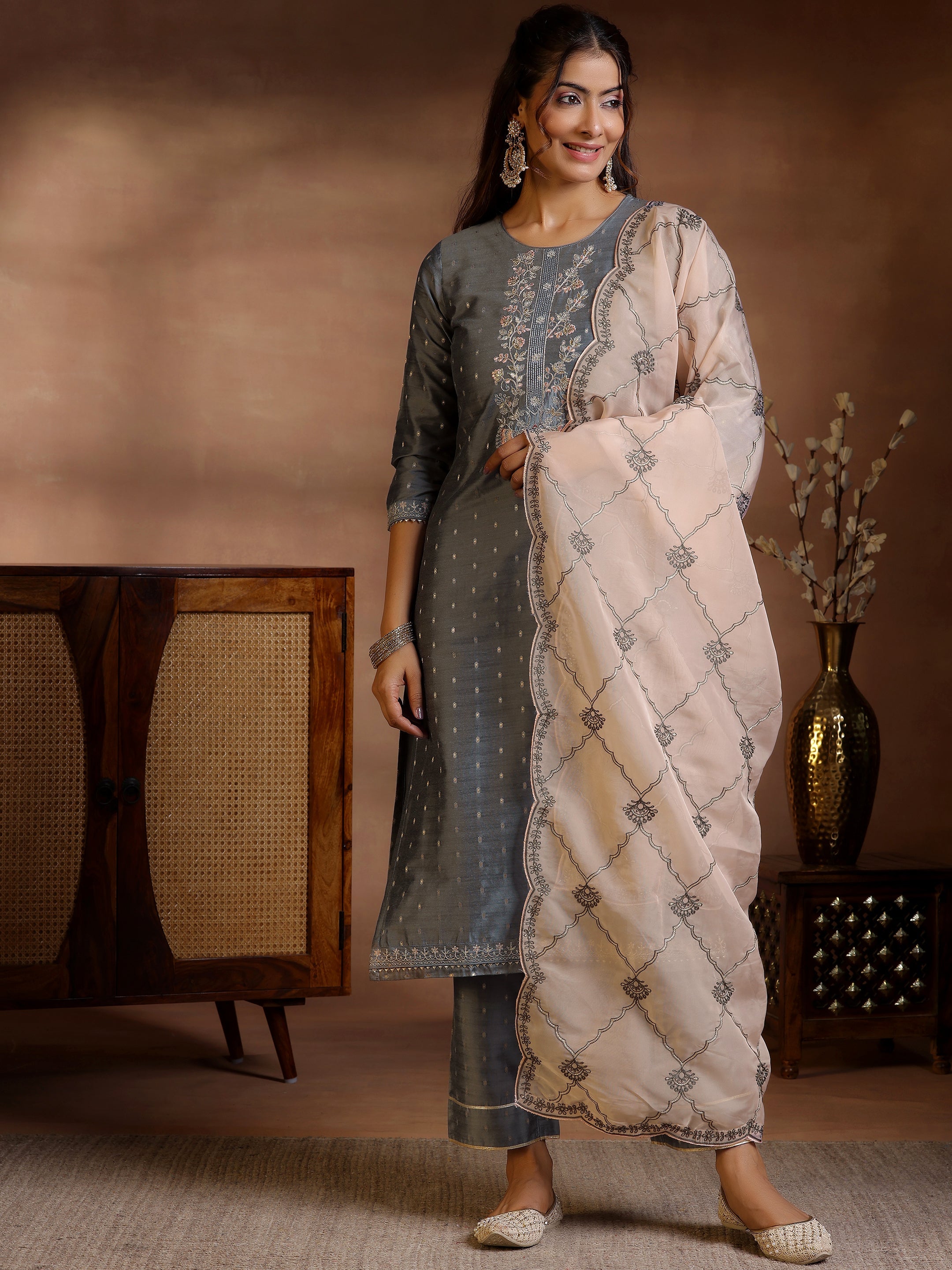 Grey Yoke Design Silk Blend Straight Suits With Dupatta