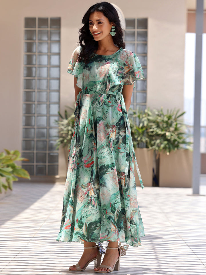 Green Printed Chiffon A-Line Dress With Belt