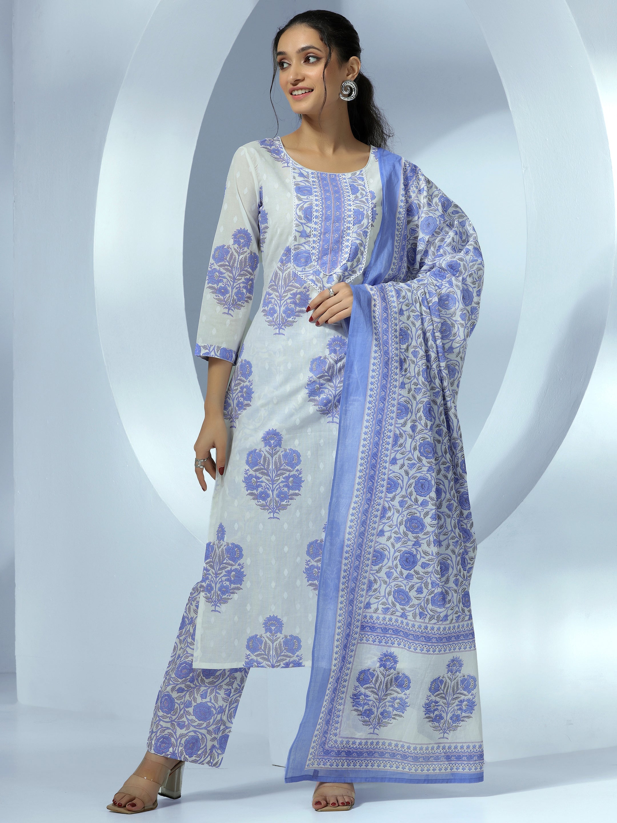 Off White Printed Cotton Straight Suit With Dupatta