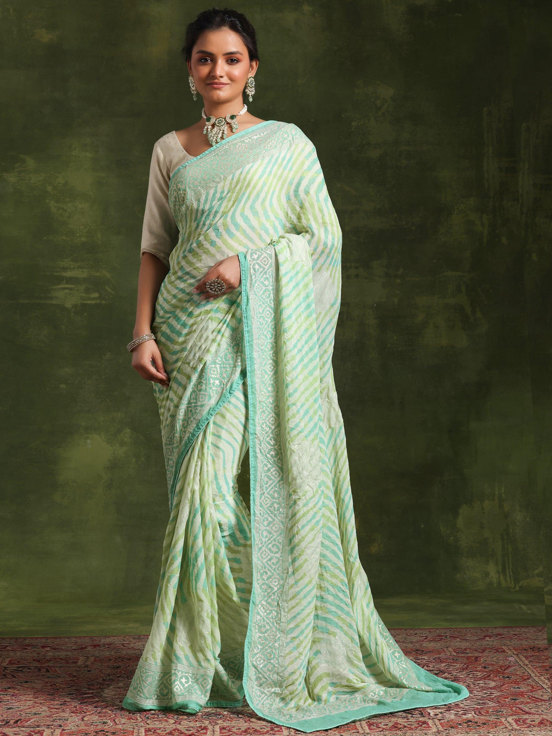 Green Printed Poly Georgette Saree With Unstitched Blouse Piece - Libas