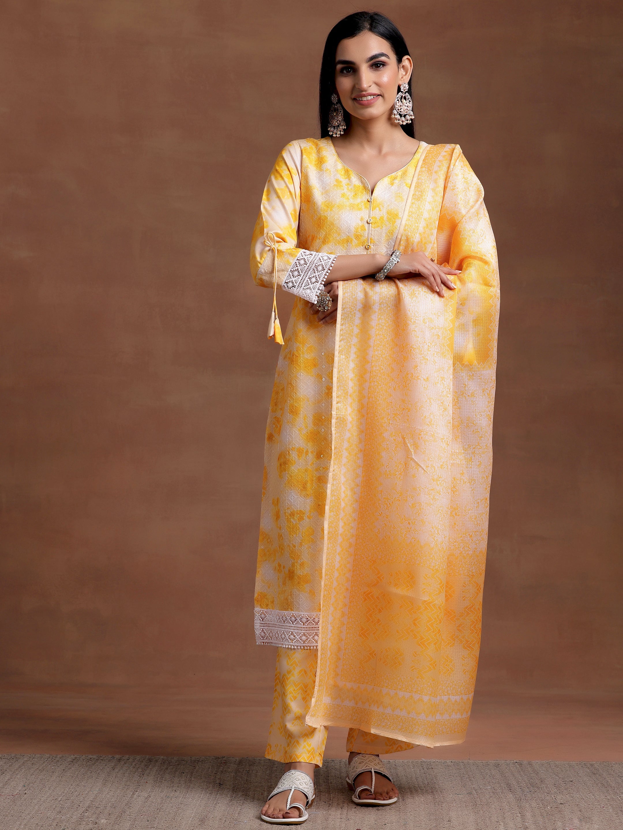 Yellow Embroidered Cotton Blend Straight Suit With Dupatta